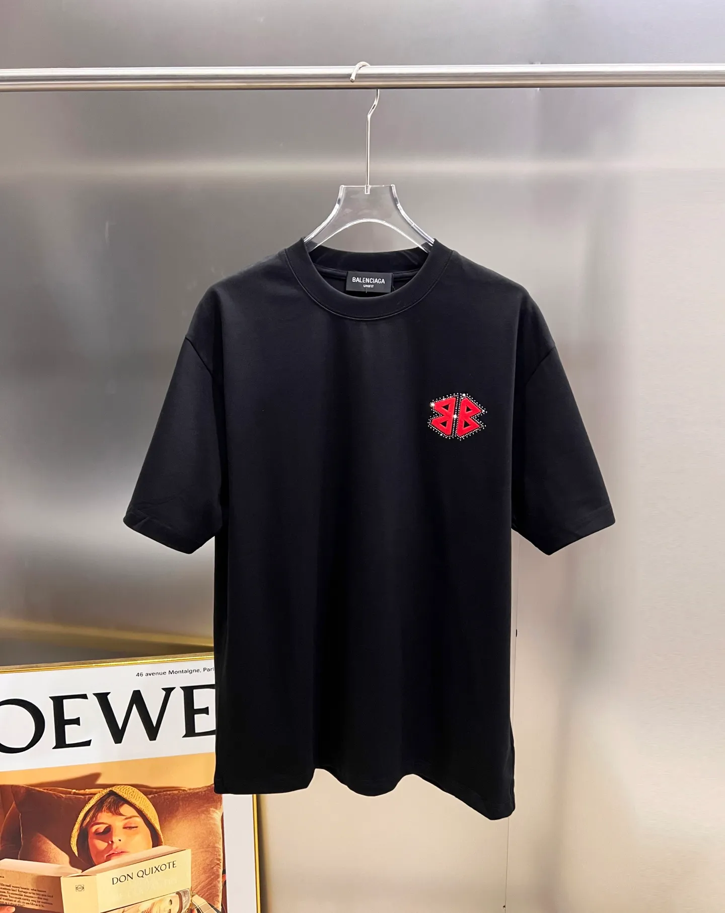 🅿️190 BAL Balenciaga 2025 autumn and winter new short-sleeved T-shirt, classic logo printing + hot diamond process, same style for men and women, loose version, S M L XL XXL, five sizes, color: black, white, Angora red