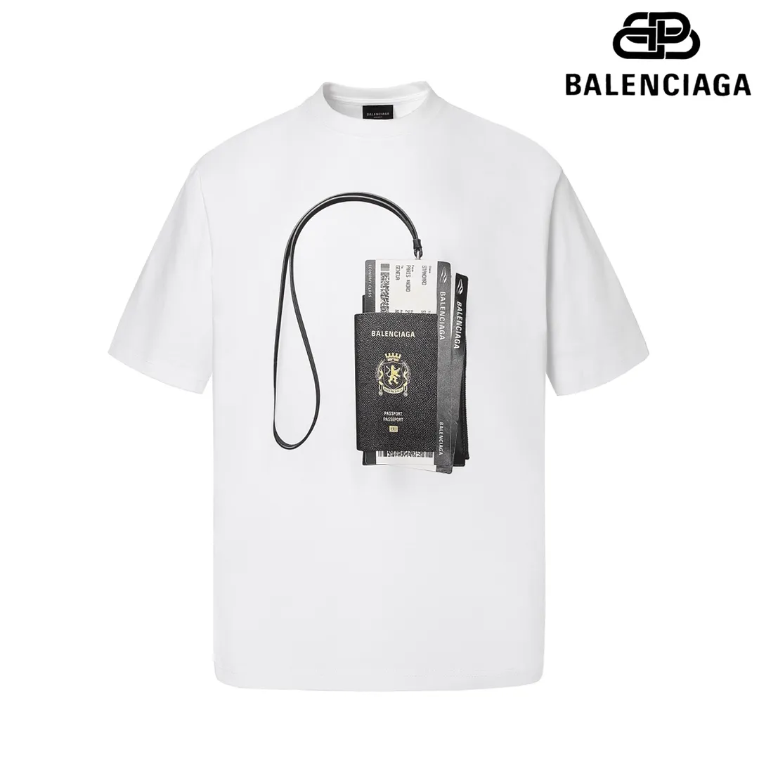 🅿️160 9119# Detailed picture Top version [[BALENCIA*GA] official website quality Paris new flight ticket passport card holder short-sleeved T-shirt OS version loose dropped shoulders Unisex style Fabric: 260 grams 100% cotton double yarn Technology: front panel digital direct printing Garment washing Shaping solid color Color: black white Size: XS S M L