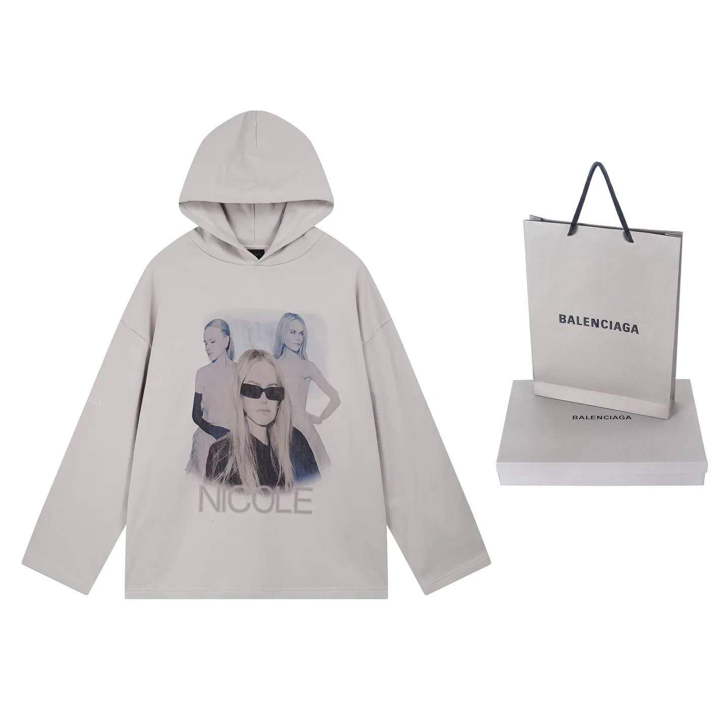 🅿️350 real shots [Top version. Official website quality] BALENCI*GA/25 new model. The front is directly printed with NICOLE art work, the back is printed with artistic signature, and the right sleeve is embroidered with English hooded sweatshirt SS25 latest model. Research and development at the first time, different market currencies. Comparisons welcome. The fabric is made of Paris ZP custom-woven and dyed cotton sweatshirt. Weighing 460 grams, the cloth surface is clean. The cloth pattern is clear, soft and comfortable. The threads are dyed with no color difference. Printing adopts computer direct printing. Jubie market currency. Welcome to compare. The version adopts OS loose shoulder design. Same style for men and women. Code: BL259950 Color: gray and white Size: XS S M L