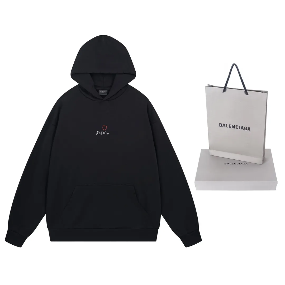 🅿️300 Detailed picture [Top version. Official website quality] BALENCI*GA/Paris BALENCI*GA#Valentine's Day. The latest model limited to Chinese Valentine's Day, love embroidered hooded sweatshirt. Brick cabinet synchronization. The fabric is made of Paris ZP custom-woven and dyed cotton double-yarn David sweatshirt. The weight is 450 grams. The cloth surface is clean. The cloth pattern is clear. Soft and comfortable. The color fastness is good. It is not easy to change color. The threads are woven and dyed with no color difference. The front and back embroidery is embroidered with an embroidery machine imported from Tajima. The effect is three-dimensional, and the version adopts the OS loose off-shoulder version. Same style for men and women. Code: BL238011 Color: washed black. Off-white. Size: XS S M L