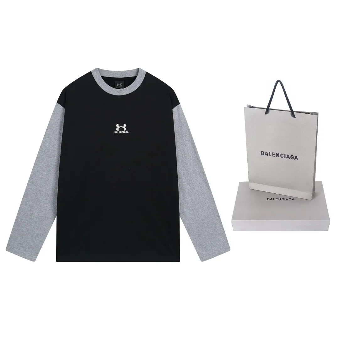 🅿️230 Real photos [Top version. Official website quality] BALENCI*GA/Paris joint Under Armor front and back embroidered color-blocked long-sleeved T-shirt # SS24 latest model. The first genuine product is developed in a timely manner and has great market currency. Comparisons welcome. The fabric is made of Paris ZP custom-woven and dyed cotton double yarn. Weighing 260 grams, the cloth surface is clean. The cloth pattern is clear, soft and comfortable. The threads are dyed with no color difference. The classic LOGO pattern embroidery is embroidered by Tajima imported machine. The letters are clear, three-dimensional and without burrs. Jubie market produces pictures based on pictures. Welcome to compare. The version adopts OS loose shoulder design. Same style for men and women. Code: BL225055 Color: Black Size: XS S M L