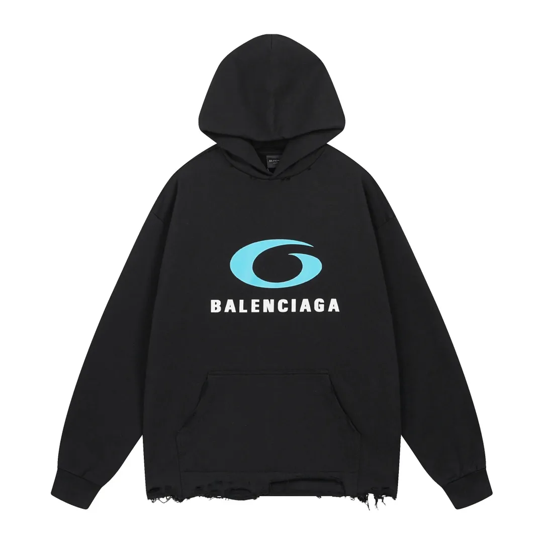 🅿️340 real photos [Top version. Official website quality] BALENCI*GA/Paris. SS24 latest model, LOOP SPORTS ICON printed washed hem and distressed hooded sweatshirt. Brick cabinet synchronization. Genuine product developed at the first time, happy to print and compare! The fabric is made of Paris ZP custom-woven and dyed cotton sweatshirt. Weighing 460 grams, the cloth surface is clean. The cloth pattern is clear, soft and comfortable. The threads are dyed with no color difference. The printing uses environmentally friendly imported materials. The letters are clear and the effect is three-dimensional. The garments are washed and worn to make them look old. Extra heavy craftsmanship. The version adopts OS loose shoulder design. Same style for men and women. Code: BL238950 Color: Black Size: XS S M L