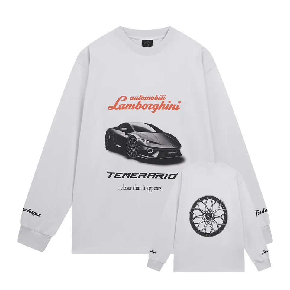 🅿️280 BALENCI*GA Paris co-branded Lamborghini Lamborghini front and back long-sleeved T-shirt with direct-injection printing on the left and right sleeves. The printing is done by computer direct-injection. The letters are clear and the effect is three-dimensional. Exclusively woven and dyed 280g fabric. Threads are dyed in the same cylinder with zero color difference. The version adopts OS loose off-shoulder version. Welcome to compare. Same style for men and women -Color: white gray black -SIZE: Xs S M L Style number 8537#
