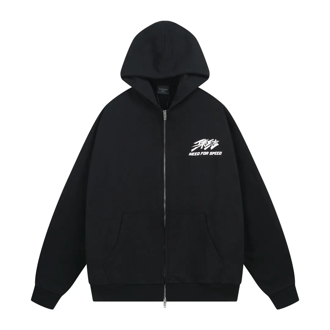 🅿️360 real photos [Top version. Official website quality] BALENCI*GA/Paris. SS24 new Balenciaga/Need for Speed: assembled cooperation series. Front and rear direct-injection printing zipper cardigan hooded sweatshirt. Brick cabinet synchronization. Genuine product development at the first time, happy to print and compare! The fabric is made of Paris ZP custom-woven and dyed cotton sweatshirt. Weighing 460 grams, the cloth surface is clean. The cloth pattern is clear, soft and comfortable. The threads are dyed with no color difference. The printing is made of environmentally friendly imported materials with direct inkjet printing. The pattern letters are clear and the effect is three-dimensional. The version adopts OS loose shoulder style. Same style for men and women. Code: BL238906 Color: Black Size: XS S M L