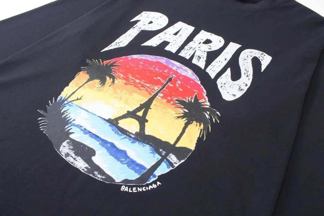 🅿️250 BALENCI*GA Paris Hawaiian Coconut Tower Long Sleeve. The fabric is made of Paris custom-woven and dyed double yarn pure cotton fabric. The weight is 280g. The thread is custom-woven and dyed without color difference. The front and rear panels are printed by imported machine. Two high-temperature setting washes. Os dropped shoulders and loose version. Same style for men and women -Color: Black Ivory White -SIZE: XS S M L Style No. 8615#