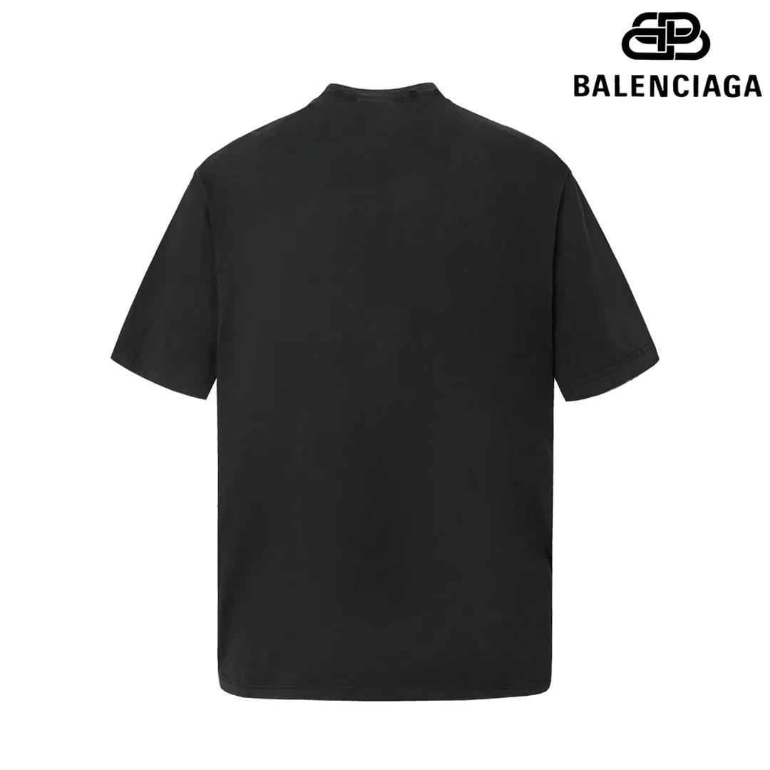 🅿️170 9107# Detailed picture Top version [[BALENCIA*GA] official website quality Paris new crown wheat scissors short-sleeved T-shirt OS version loose dropped shoulders Unisex fabric: 260 grams 100% cotton double yarn Process: front printing Garment wash Distressed Shaped solid color Color: washed black Size: XS S M L