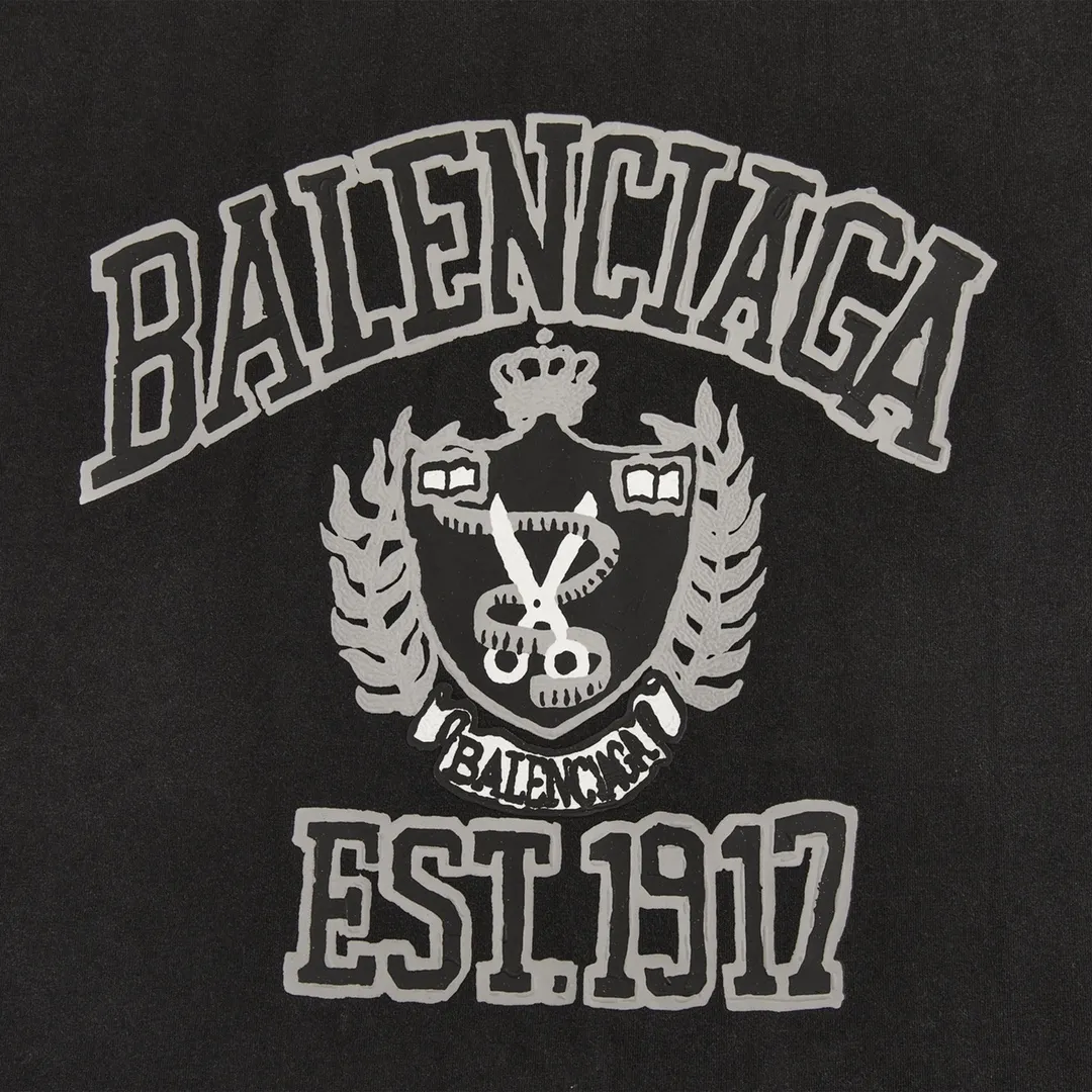 🅿️170 9107# Detailed picture Top version [[BALENCIA*GA] official website quality Paris new crown wheat scissors short-sleeved T-shirt OS version loose dropped shoulders Unisex fabric: 260 grams 100% cotton double yarn Process: front printing Garment wash Distressed Shaped solid color Color: washed black Size: XS S M L