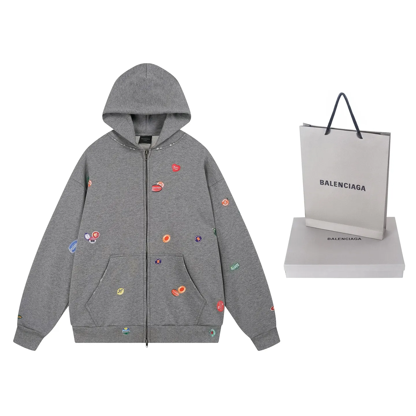 🅿️430 Real photos [Top version. Official website quality] BALENCI*GA/Paris #2025 autumn and winter new style. Fruit pattern Vintage all over embossed washed and distressed hooded sweatshirt. The fabric is made of Paris ZP custom weaving and dyeing cotton sweatshirt. Weighing 460 grams, the cloth surface is clean. The cloth pattern is clear, soft and comfortable. The threads are dyed with no color difference. The pattern printing uses environmentally friendly imported glue and computer inkjet printing. The pattern is clear, no burrs, and has a strong three-dimensional effect. The garments are washed and worn. All colors are synchronized with the brick cabinets, custom woven and dyed, and will not fade. Different market currencies. The version adopts OS loose shoulder design. Same style for men and women. Code: BL259907 Color: floral gray, pink Size: XS S M L