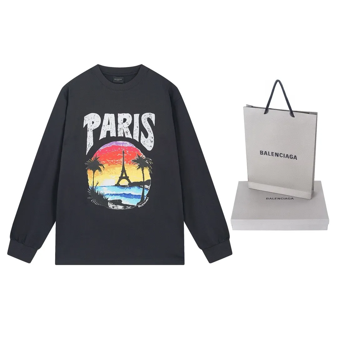 🅿️210 Real photos [Top version. Official website quality] BALENCI*GA/Paris. Long-sleeved T-shirt with Hawaiian sunset coconut palm tower LOGO pattern, brick cabinet synchronization. The fabric is made of Paris ZP custom-woven and dyed cotton sweatshirt. The weight is 260 grams, the cloth surface is clean. The cloth pattern is clear, soft and comfortable. The threads are dyed with no color difference. The classic pattern printing uses imported machine direct printing. The effect is three-dimensional and restores the brick cabinet. Different market currencies, welcome to compare. The version adopts OS loose shoulder design. Same style for men and women. Code: BL235032 Color: black, white Size: XS S M L