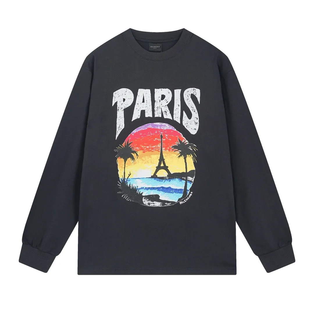 🅿️210 Real photos [Top version. Official website quality] BALENCI*GA/Paris. Long-sleeved T-shirt with Hawaiian sunset coconut palm tower LOGO pattern, brick cabinet synchronization. The fabric is made of Paris ZP custom-woven and dyed cotton sweatshirt. The weight is 260 grams, the cloth surface is clean. The cloth pattern is clear, soft and comfortable. The threads are dyed with no color difference. The classic pattern printing uses imported machine direct printing. The effect is three-dimensional and restores the brick cabinet. Different market currencies, welcome to compare. The version adopts OS loose shoulder design. Same style for men and women. Code: BL235032 Color: black, white Size: XS S M L