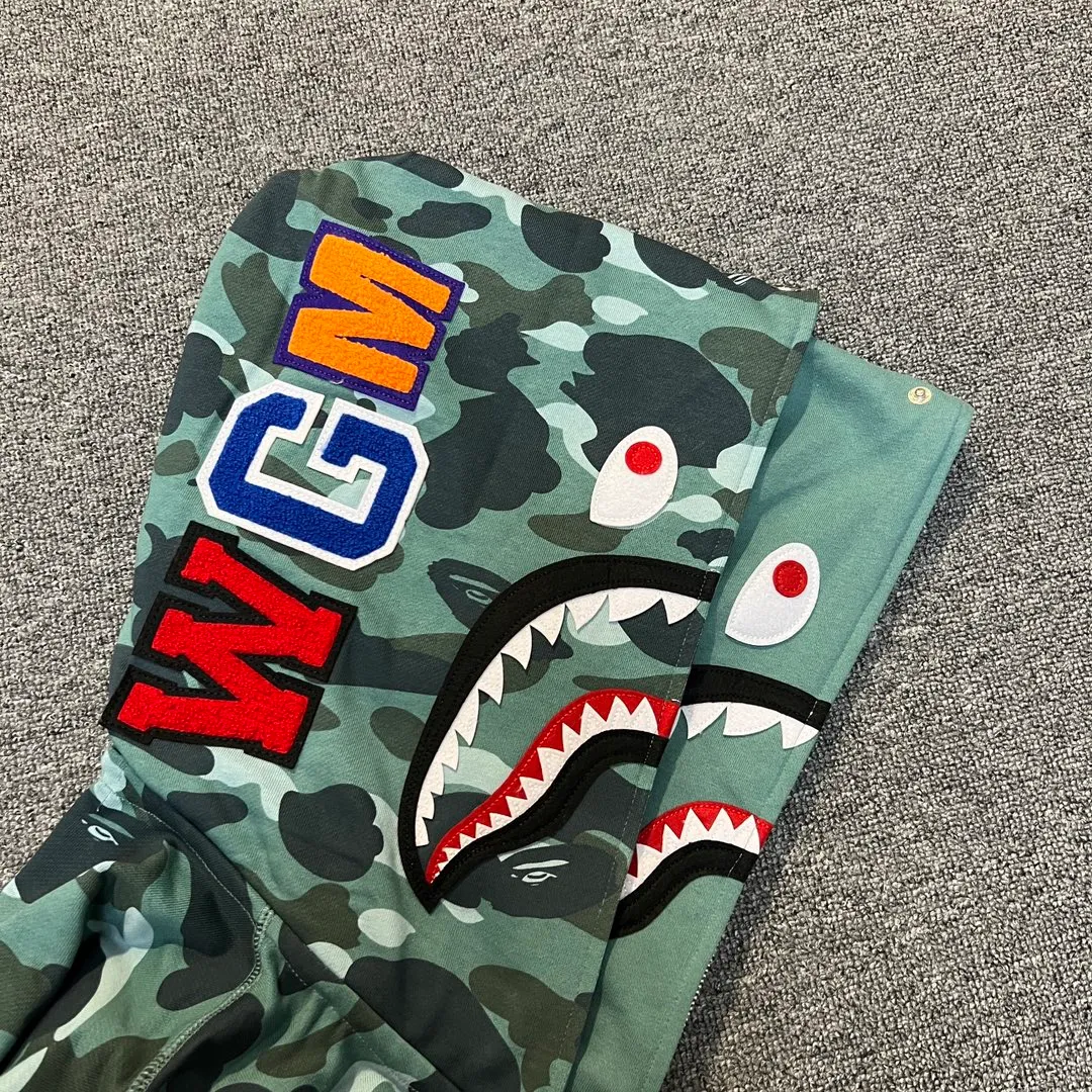 💰440 BAPE WGM letter patch camouflage pattern double hooded zipper sweatshirt High weight pure cotton custom fabric 1:1 heavyweight couple model: S-XXL [camouflage green, camouflage gray]