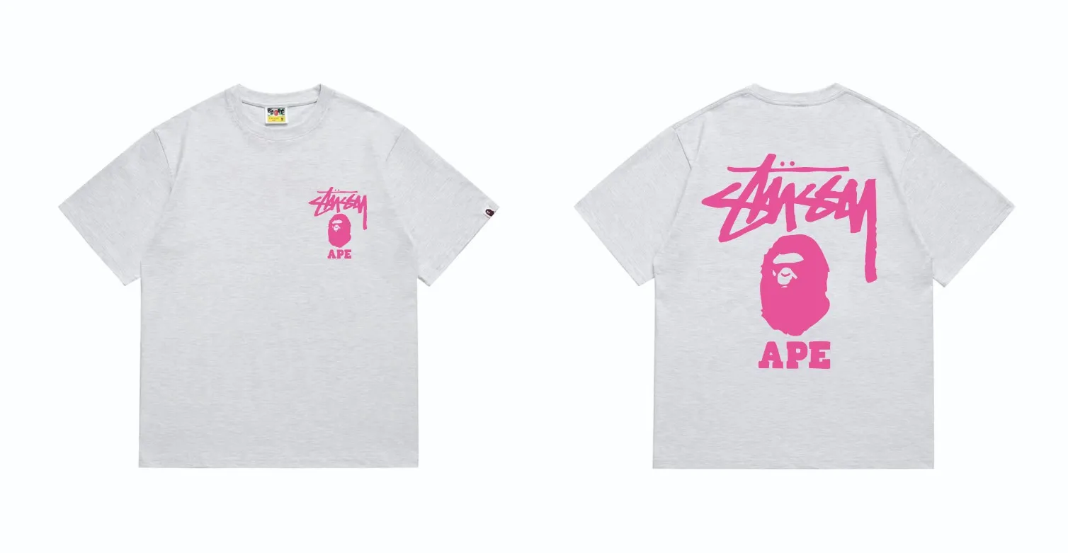 SC202#p110💰 (top version) BAPE×Stussy co-branded Stussy letter ape print T-shirt Made of 260 grams of high-quality high-weave pure cotton fabric, double yarn combed, soft texture without pilling, imported environmentally friendly printing glue, bright and three-dimensional pattern, quality 💥Same style for men and women, the upper body is fashionable Color: black pink white pink gray pink pink pink red pink black and white gray and white pink and white red and white white and black Gray and black Pink and black Red and black Size: S M L XL XXL