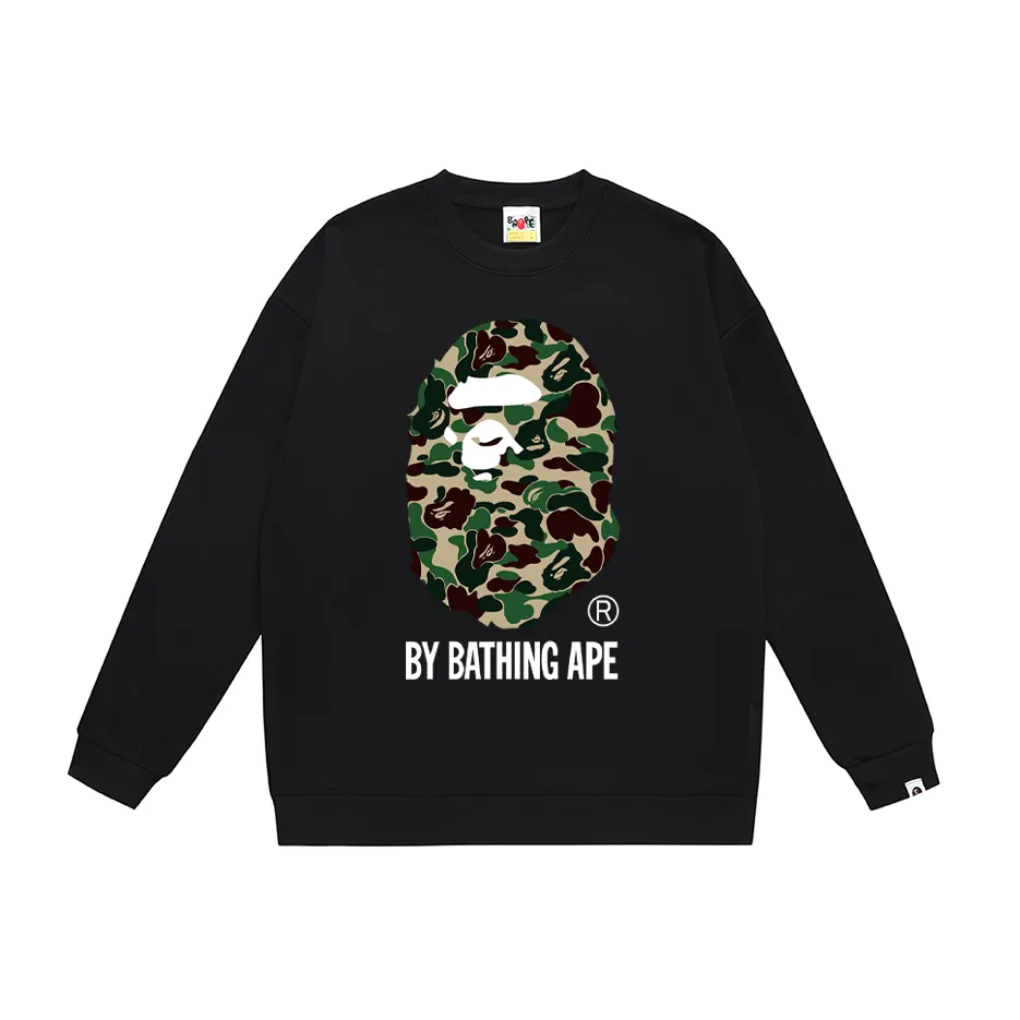 P150 model number SC451# terry 75 plus velvet 80 (top version) BAPE classic camouflage ape head letter printed round neck sweatshirt. Made of 350g large terry (drop shoulder large version) fabric, soft texture and no pilling. Imported environmentally friendly printing glue, bright and three-dimensional pattern. Quality 💥Same style for men and women. The upper body is trendy. Color: black and blue, white and blue, gray and blue, black and green, white and green, gray and green, black and red, white and red, gray and red. Size: S M L XL XXL