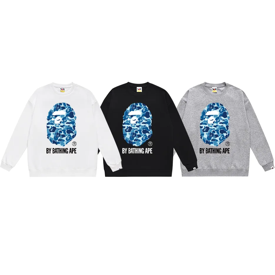 P150 model number SC451# terry 75 plus velvet 80 (top version) BAPE classic camouflage ape head letter printed round neck sweatshirt. Made of 350g large terry (drop shoulder large version) fabric, soft texture and no pilling. Imported environmentally friendly printing glue, bright and three-dimensional pattern. Quality 💥Same style for men and women. The upper body is trendy. Color: black and blue, white and blue, gray and blue, black and green, white and green, gray and green, black and red, white and red, gray and red. Size: S M L XL XXL