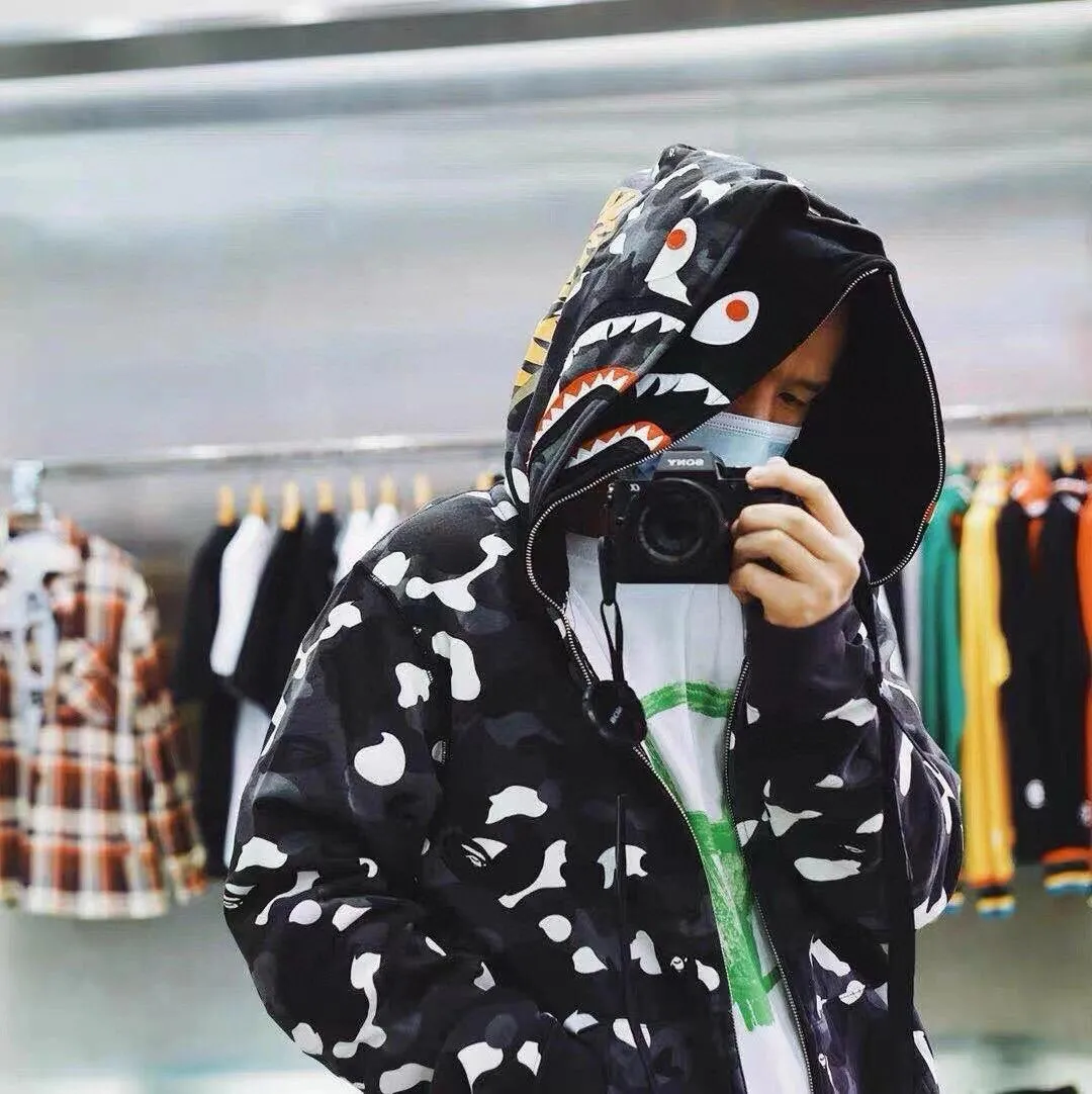 💰440 BAPE double hood camouflage luminous classic design printing custom fabrics couple model: S—XXL [gray white]