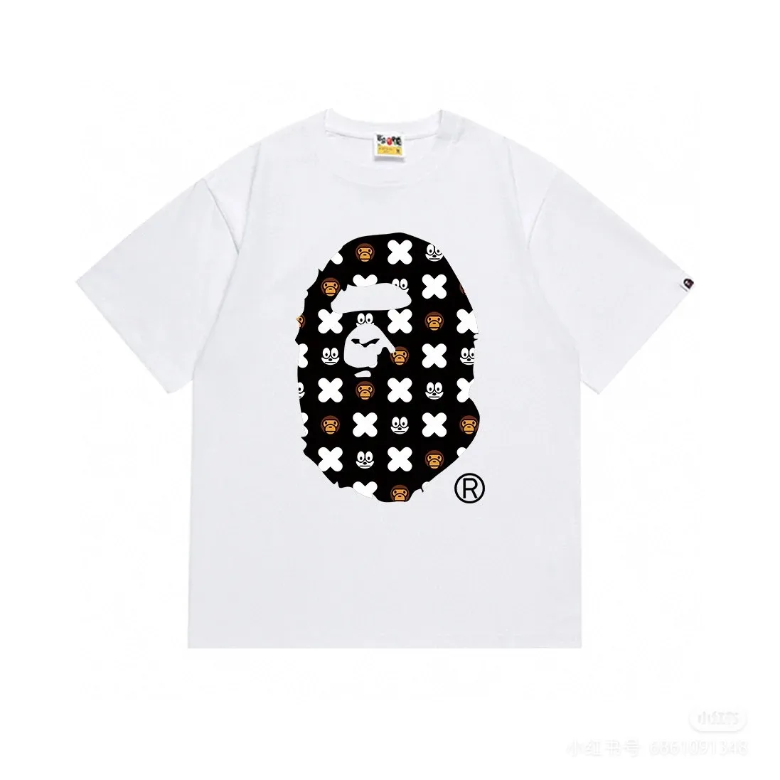P110 001047 BAPE ape head cartoon print short-sleeved T-shirt, same style for men and women, size smlxlxxl, black and white