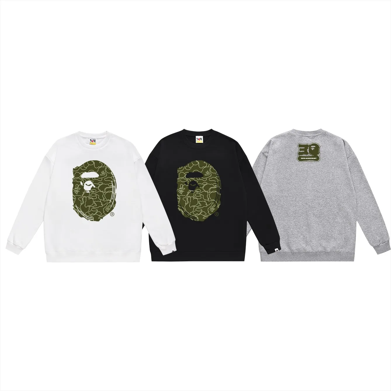 P160 model number SC473# terry 80 plus velvet 90 (top version) BAPE Monkey Head 30th Anniversary Limited Edition Camouflage Round Neck Sweater Made of 380g large terry (drop shoulder large version) fabric, soft and non-pilling texture, imported environmentally friendly printing glue, bright and three-dimensional pattern, quality 💥Same style for men and women. The upper body is trendy. Colors: black green, white green, gray green, black red, white red, gray red, black blue, white blue Gray blue Size: S M L XL XXL