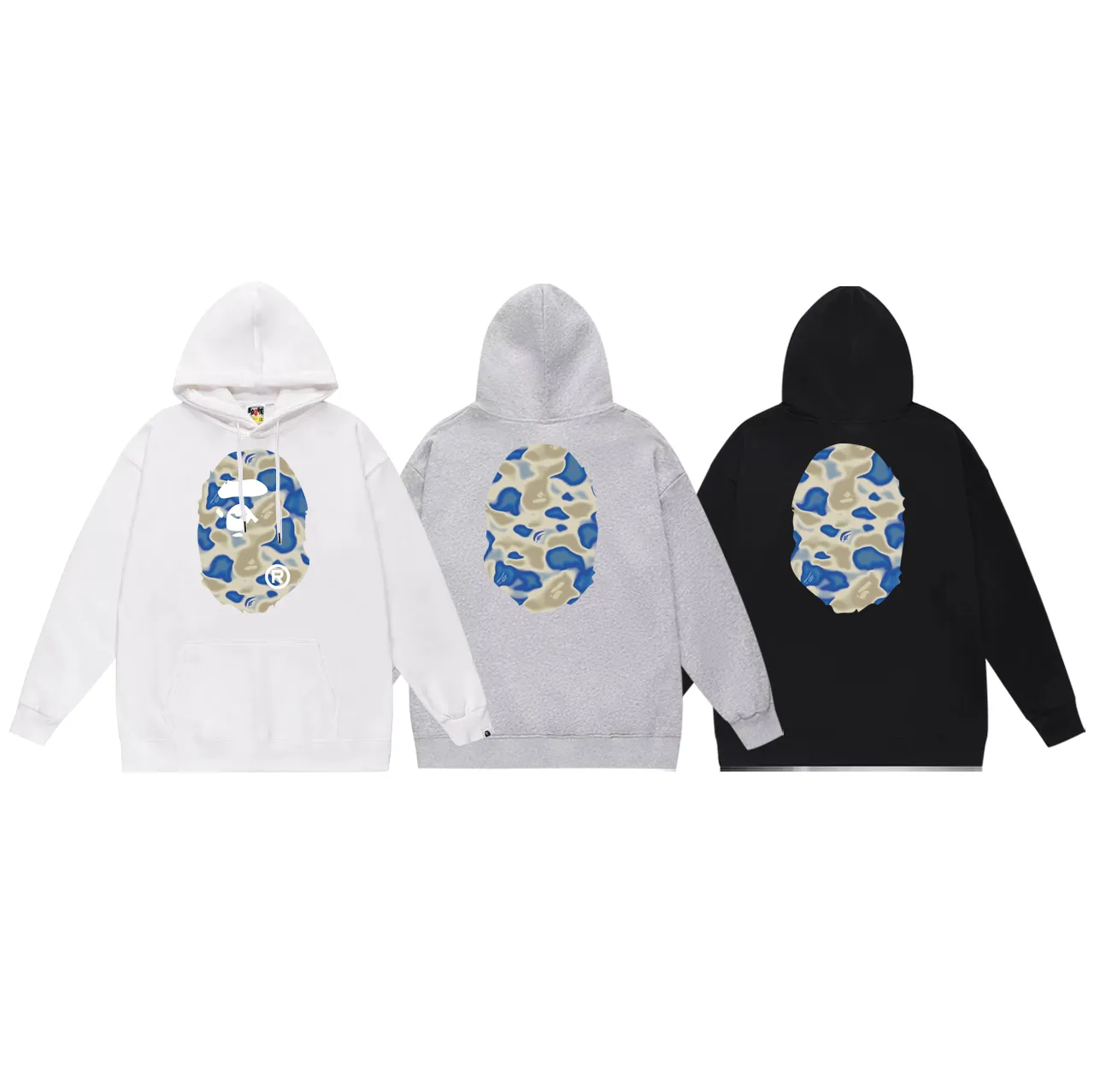 P160 model number SC774# terry 80 plus velvet 90 (top version) BAPE LIQUID CAMO BIG APE hooded sweatshirt Made of 380g large terry (drop shoulder large version) fabric, soft and non-pilling, imported environmentally friendly printing glue, bright and three-dimensional pattern, quality 💥Same style for men and women. The upper body is trendy. Color: black and blue, white and blue, gray and blue, size: S M L XL XXL