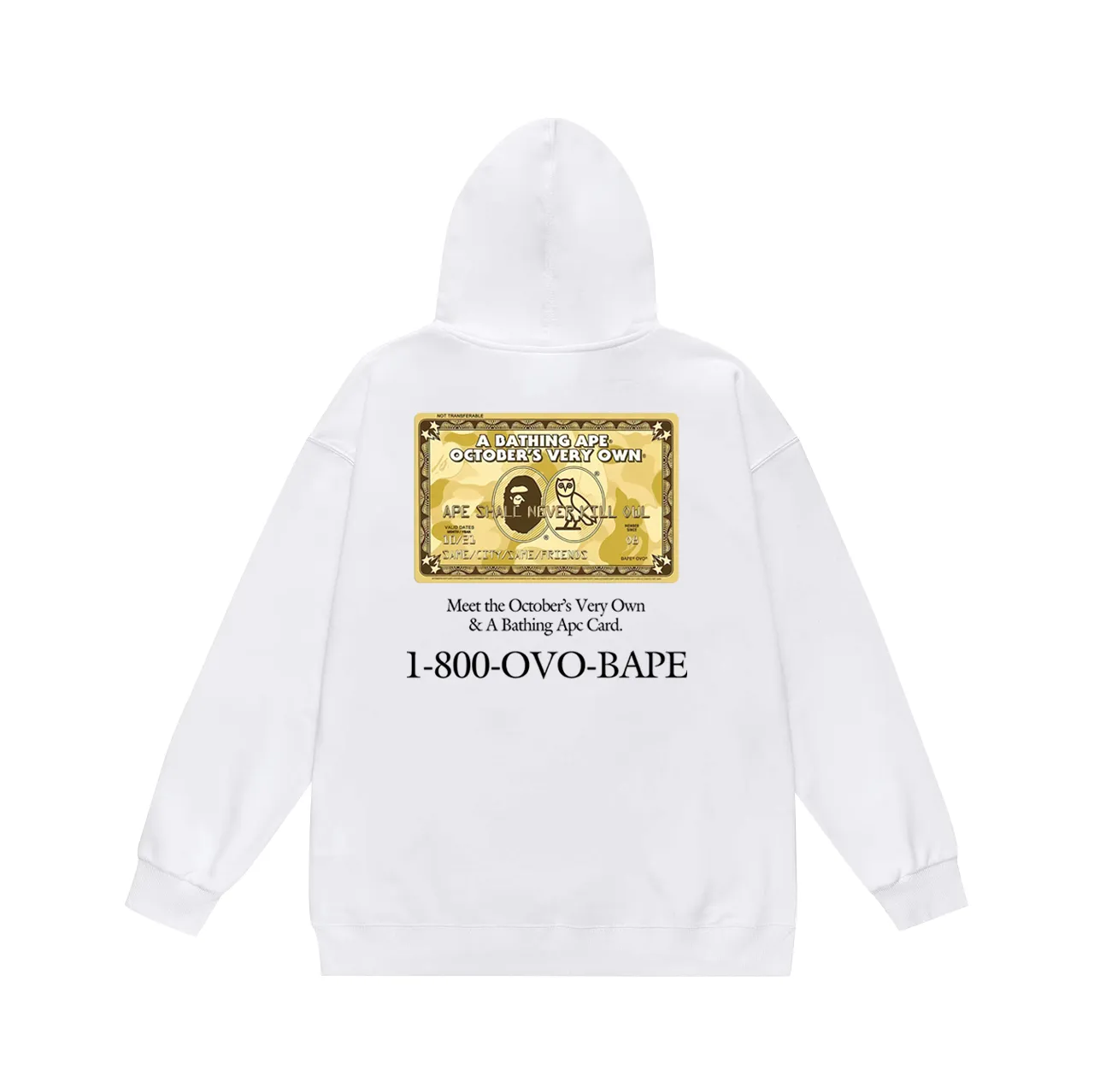 P160 model number SC795# terry 80 plus velvet 90 (top version) BAPE×OVO co-branded ape head owl gold card logo printed hooded sweatshirt. Made of 380g large terry (drop shoulder large version) fabric. The texture is soft and non-pilling. Imported environmentally friendly printing glue. The pattern is bright and three-dimensional. Quality💥Same style for men and women. The upper body is trendy. Color: black white gray Size: S M L XL XXL