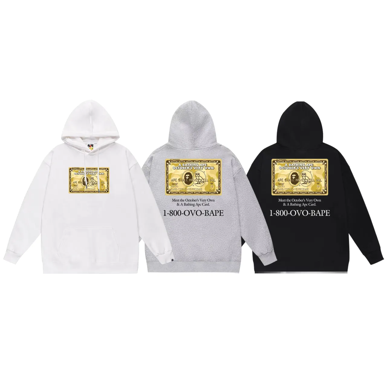 P160 model number SC795# terry 80 plus velvet 90 (top version) BAPE×OVO co-branded ape head owl gold card logo printed hooded sweatshirt. Made of 380g large terry (drop shoulder large version) fabric. The texture is soft and non-pilling. Imported environmentally friendly printing glue. The pattern is bright and three-dimensional. Quality💥Same style for men and women. The upper body is trendy. Color: black white gray Size: S M L XL XXL