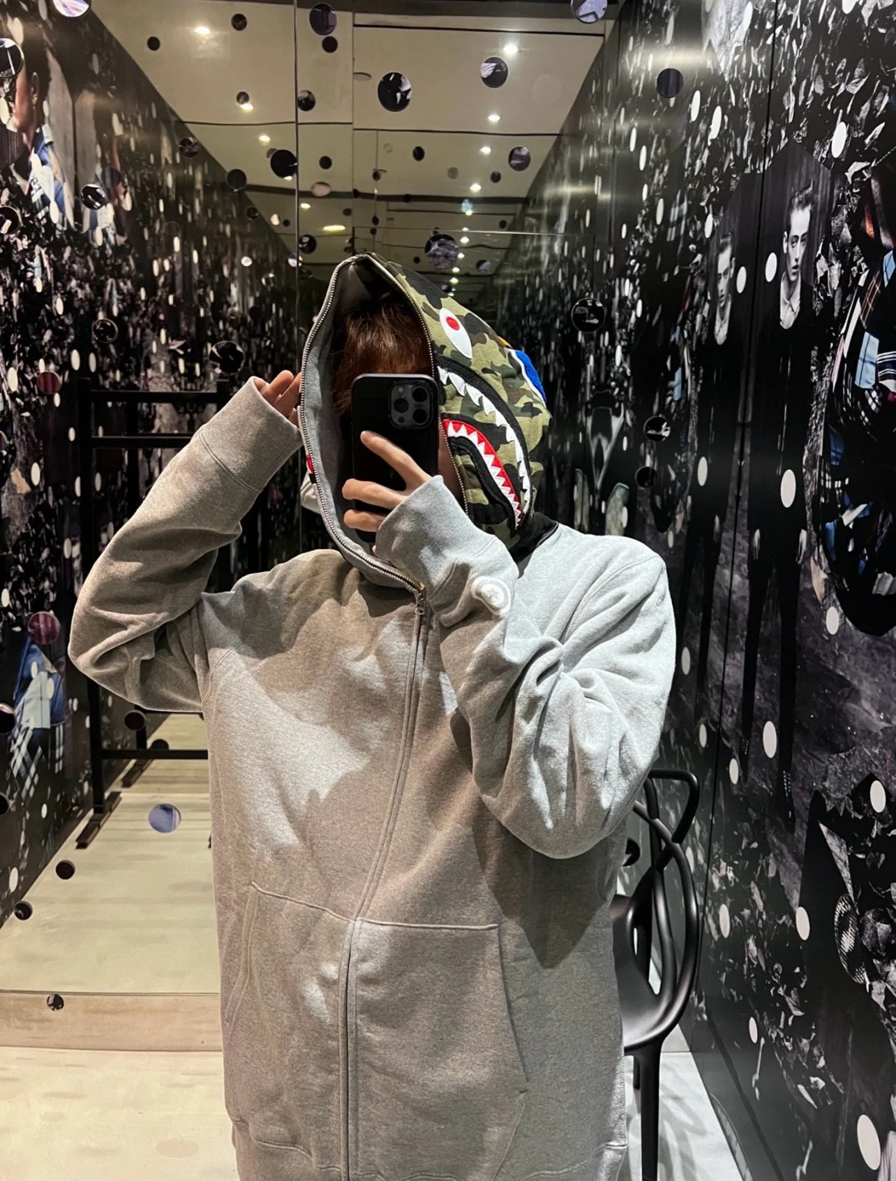 💰380 Bape first year limited classic shark green camouflage design shark jacket Couple style: S—XXL [Black Gray]