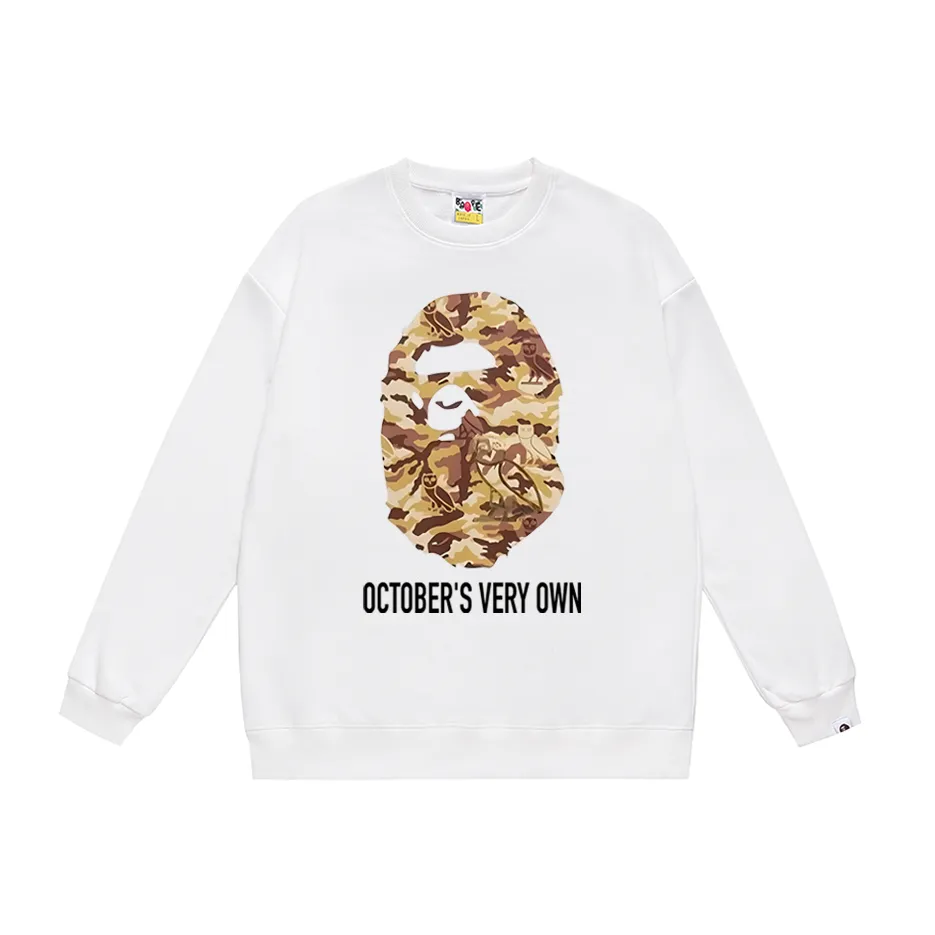 P170 model number SC316# terry 80 plus velvet 85 (top version) BAPE ape head co-branded owl camouflage printed round neck sweatshirt Made of 350 grams of large terry (drop shoulder large version) fabric, soft texture and no pilling Imported environmentally friendly printing glue The pattern is bright and three-dimensional Quality 💥Same style for men and women The upper body is trendy Color: black white gray Size: S M L XL XXL
