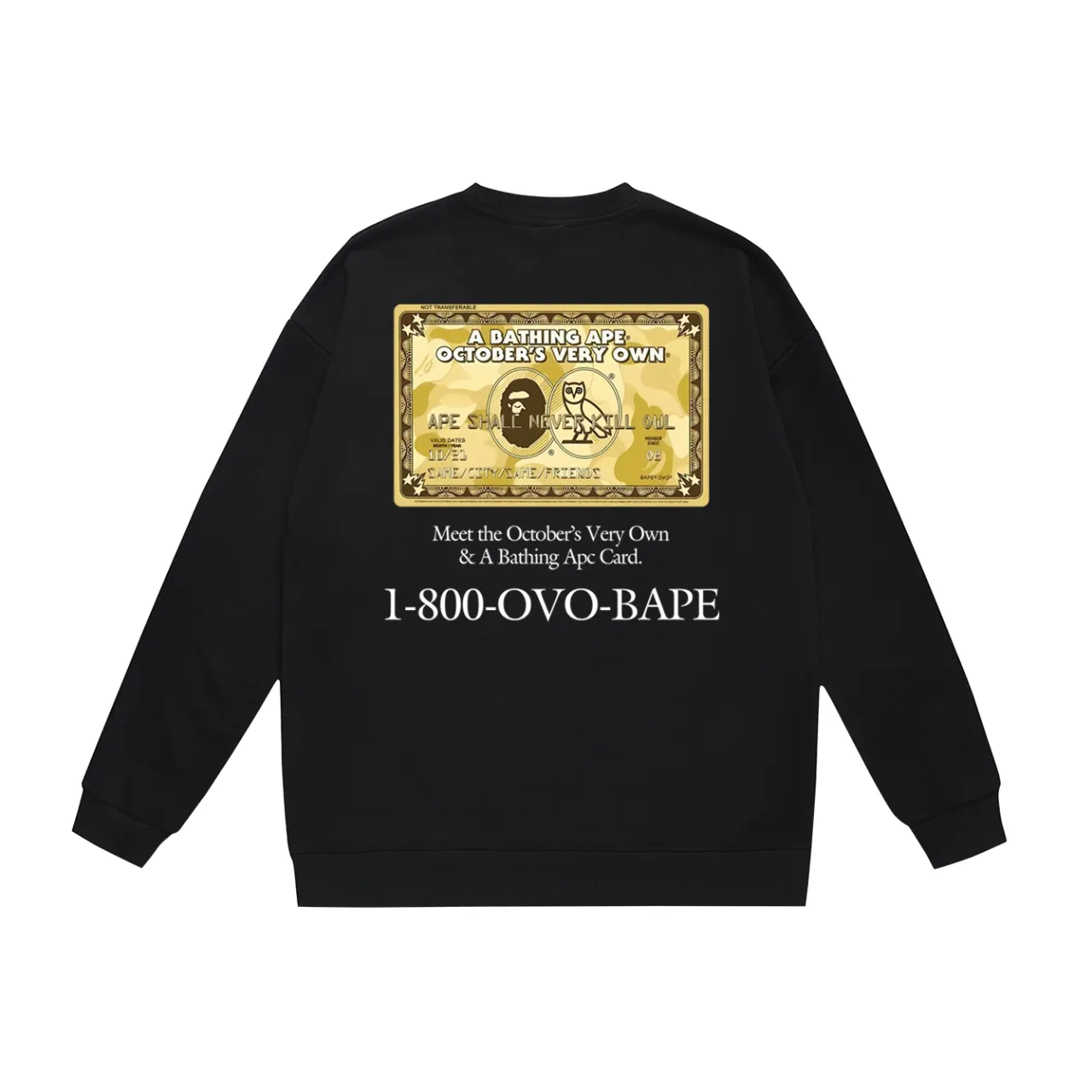 P150 model number SC495# terry 75 plus velvet 80 (top version) BAPE×OVO co-branded ape head owl gold card logo printed round neck sweatshirt Made of 350g large terry (drop shoulder large version) fabric, soft texture and no pilling Imported environmentally friendly printing glue The pattern is bright and three-dimensional Quality 💥Same style for men and women The upper body is trendy Color: black white gray Size: S M L XL XXL