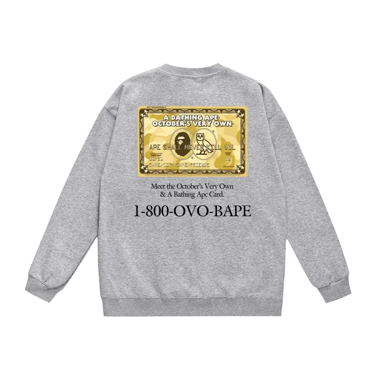 P150 model number SC495# terry 75 plus velvet 80 (top version) BAPE×OVO co-branded ape head owl gold card logo printed round neck sweatshirt Made of 350g large terry (drop shoulder large version) fabric, soft texture and no pilling Imported environmentally friendly printing glue The pattern is bright and three-dimensional Quality 💥Same style for men and women The upper body is trendy Color: black white gray Size: S M L XL XXL