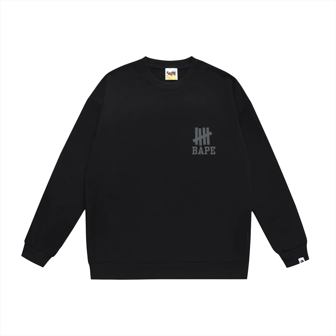 P150 model number SC470# terry 75 plus velvet 80 (top version) BAPE co-branded five-bar ape-letter printed round-neck sweatshirt. Made of 350 grams of large terry (drop shoulder large version) fabric. The texture is soft and non-pilling. Imported environmentally friendly printing glue. The pattern is bright and three-dimensional. Quality 💥Same style for men and women. The upper body is trendy. Color: black white gray Size: S M L XL XXL