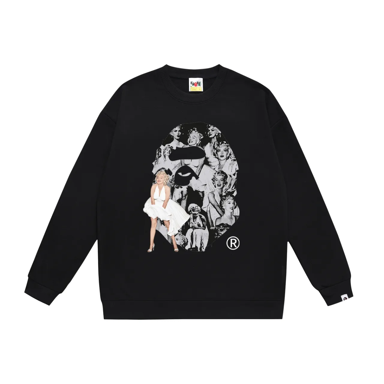 P150 model number SC494# terry 75 plus velvet 80 (top version) BAPE×MARILYN MONROE joint Marilyn Monroe printed round neck sweatshirt Made of 350g large terry (drop shoulder large version) fabric, soft and non-pilling texture, imported environmentally friendly printing glue, bright and three-dimensional pattern, quality 💥Same style for men and women, the upper body is fashionable Color: black white gray Size: S M L XL XXL