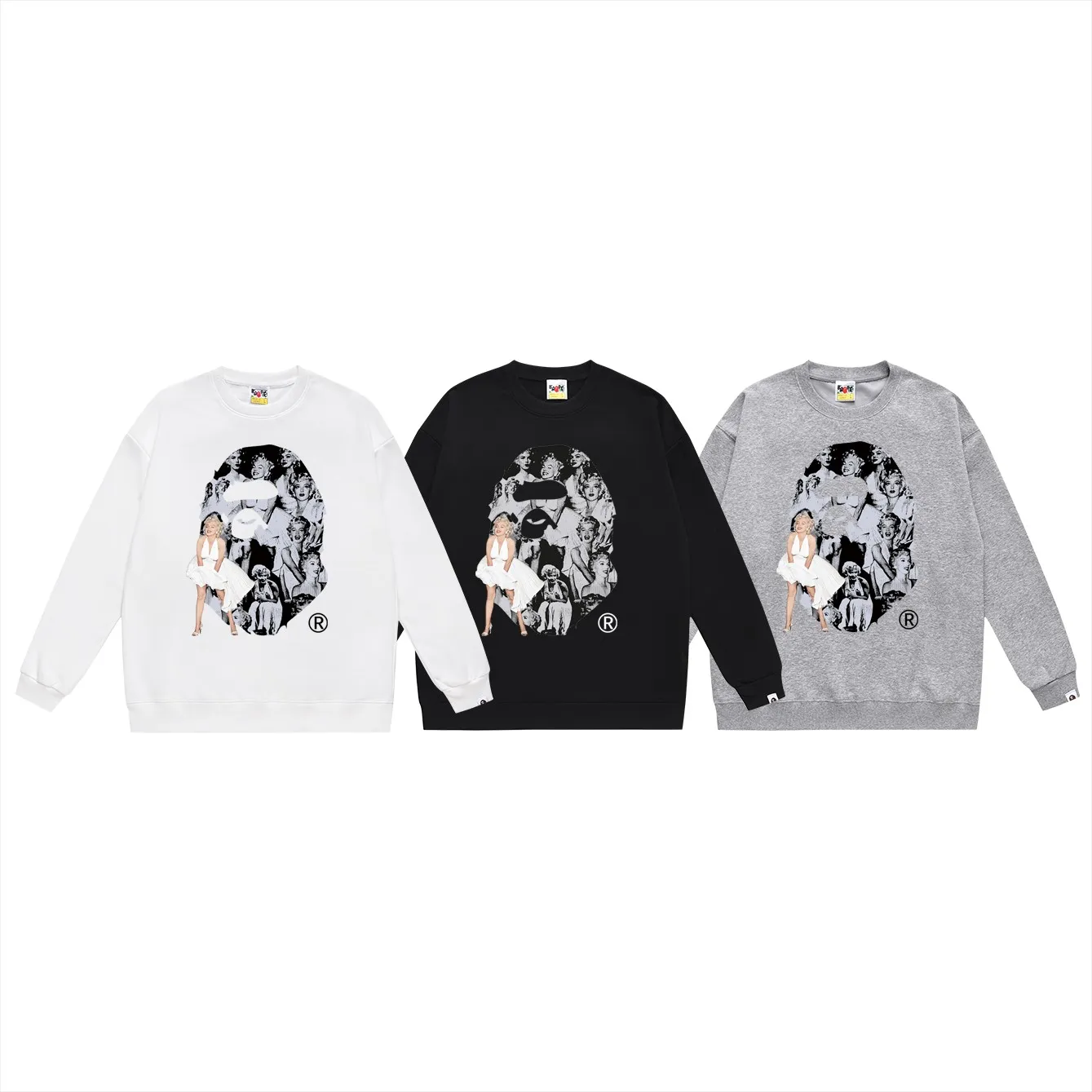 P150 model number SC494# terry 75 plus velvet 80 (top version) BAPE×MARILYN MONROE joint Marilyn Monroe printed round neck sweatshirt Made of 350g large terry (drop shoulder large version) fabric, soft and non-pilling texture, imported environmentally friendly printing glue, bright and three-dimensional pattern, quality 💥Same style for men and women, the upper body is fashionable Color: black white gray Size: S M L XL XXL