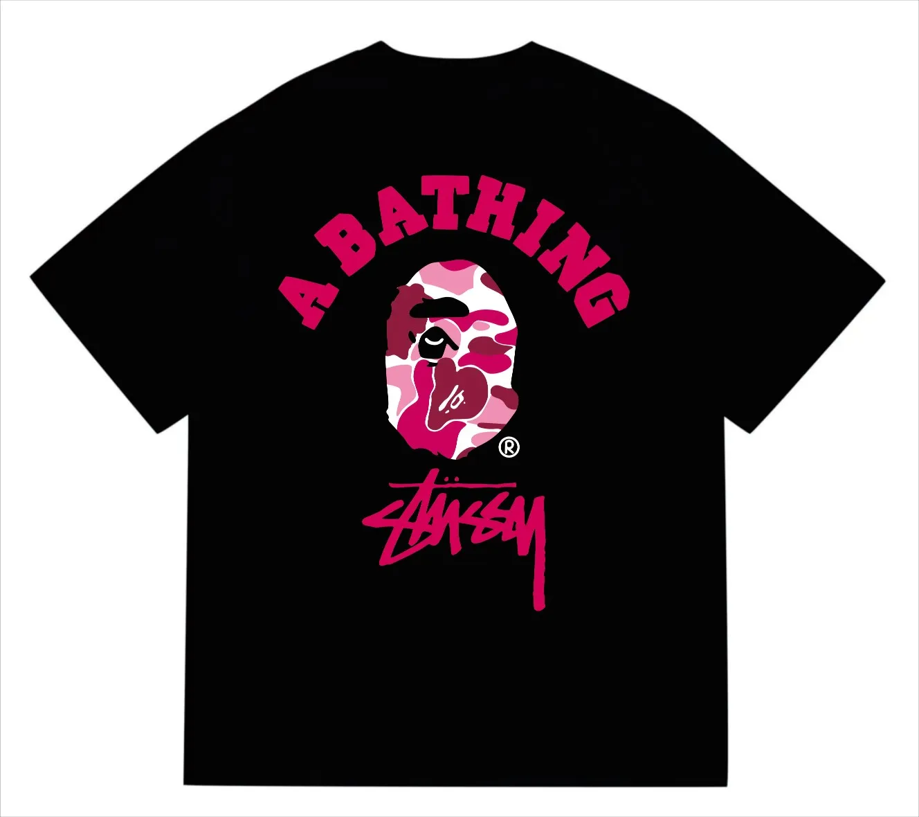 SC214#p110💰 (Top version) BAPE×Stussy co-branded Stussy letter ape print T-shirt Made of 260 grams of high-quality high-weave pure cotton fabric, double yarn combed, soft texture and no pilling Imported environmentally friendly printing glue, bright and three-dimensional pattern, quality 💥Same style for men and women, the upper body is trendy Color: Black White Gray Pink Red Size: S M L XL XXL