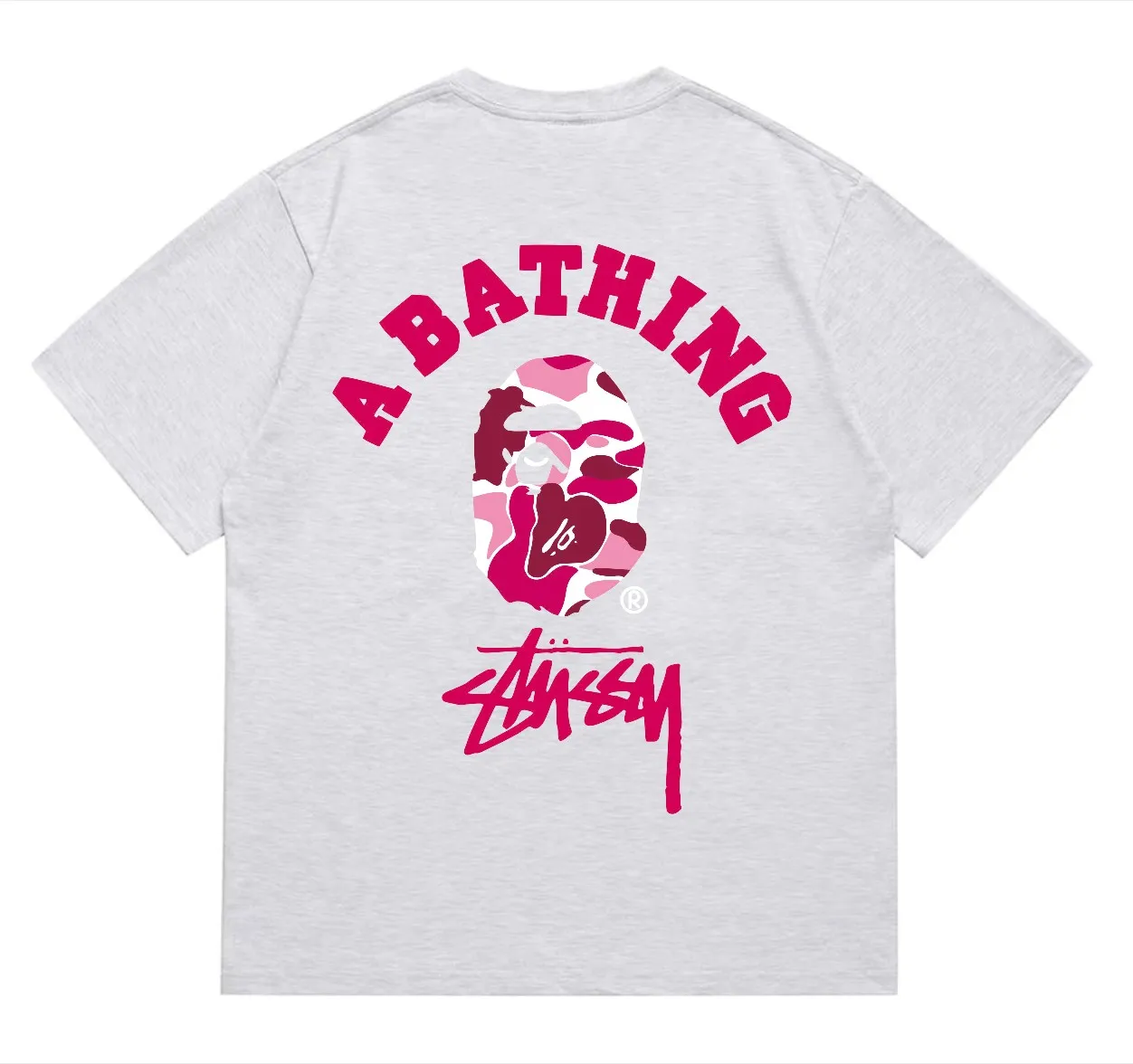 SC214#p110💰 (Top version) BAPE×Stussy co-branded Stussy letter ape print T-shirt Made of 260 grams of high-quality high-weave pure cotton fabric, double yarn combed, soft texture and no pilling Imported environmentally friendly printing glue, bright and three-dimensional pattern, quality 💥Same style for men and women, the upper body is trendy Color: Black White Gray Pink Red Size: S M L XL XXL