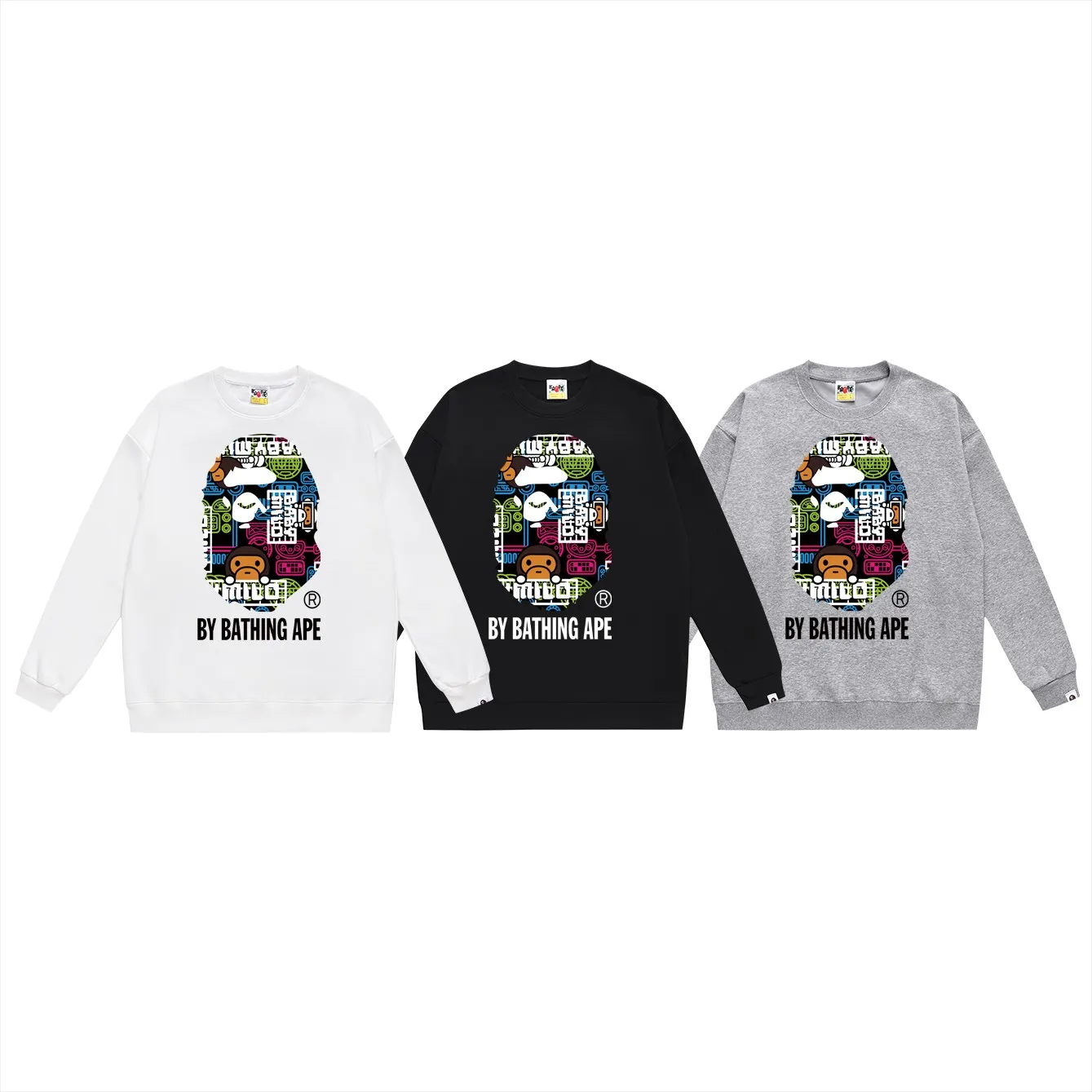 P150 model number SC457# terry 75 plus velvet 80 (top version) BAPE ape head cartoon pattern printed round neck sweatshirt Made of 350g large terry (drop shoulder large version) fabric, soft and non-pilling, imported environmentally friendly printing glue, bright and three-dimensional pattern, quality 💥Same style for men and women, the upper body is fashionable Color: black white gray Size: S M L XL XXL