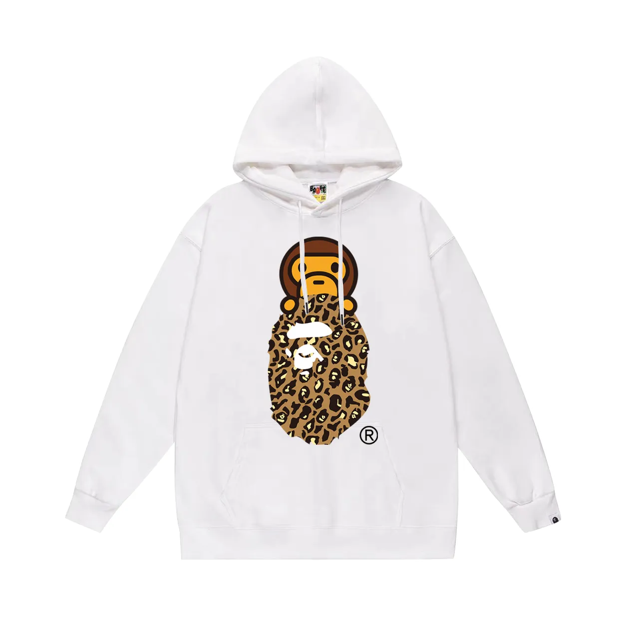 P160 model number SC767# terry 80 plus velvet 90 (top version) BAPE leopard print ape head cartoon BABY MILO printed hooded sweatshirt. Made of 380g large terry (drop shoulder large version) fabric, soft texture and no pilling. Imported environmentally friendly printing glue. Bright and three-dimensional pattern. Quality 💥Same style for men and women. The upper body is trendy. Color: black and blue, white and blue, gray and blue, black and yellow, white and yellow, gray and yellow. Size: S M L XL XXL