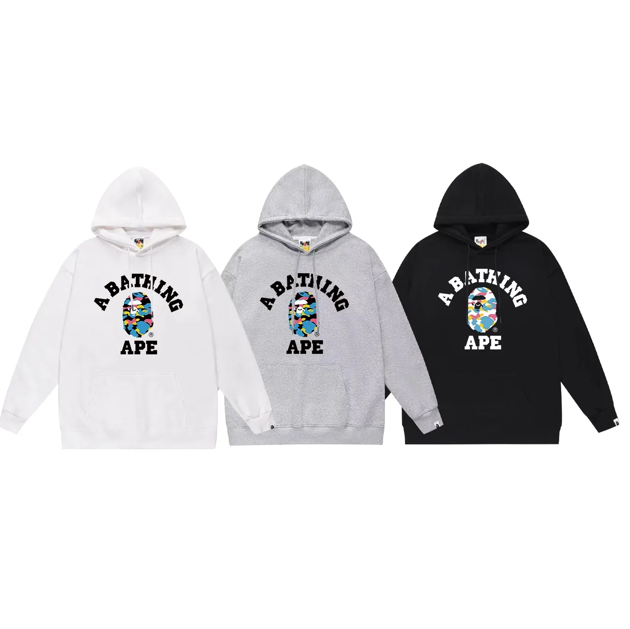 Model No. SC656#terry p160 plus velvet p180💰 (top version) BAPE ape head letter printed hooded sweatshirt. Made of 380g large terry 430g silver fox velvet (drop shoulder large version) fabric. The texture is soft and non-pilling. Imported environmentally friendly printing glue. The pattern is bright and three-dimensional. Quality💥Same style for men and women. The upper body is trendy. Color: black white gray Size: S M L XL XXL