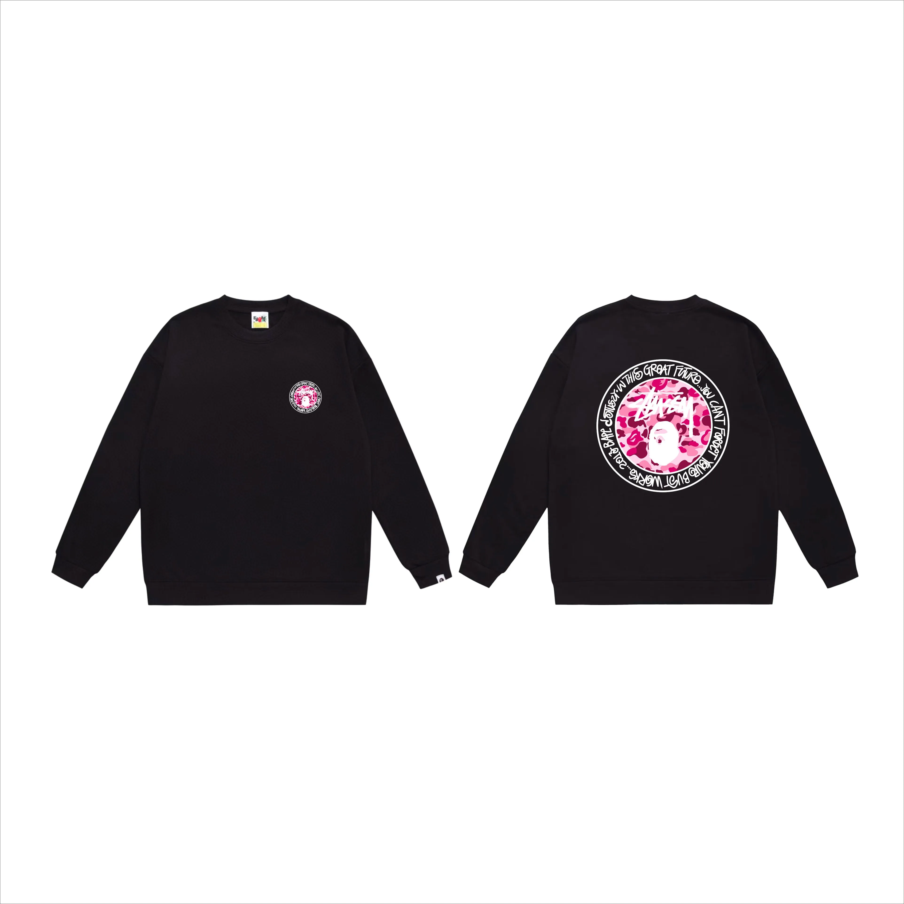 P150 model number SC516# terry 75 plus velvet 80 (top version) BAPE×STUSSY co-branded Stussy letter round neck sweatshirt Made of 350 grams of large terry (drop shoulder large version) fabric, soft texture and no pilling Imported environmentally friendly printing glue The pattern is bright and three-dimensional Quality 💥Same style for men and women The upper body is fashionable Color: black white gray Size: S M L XL XXL