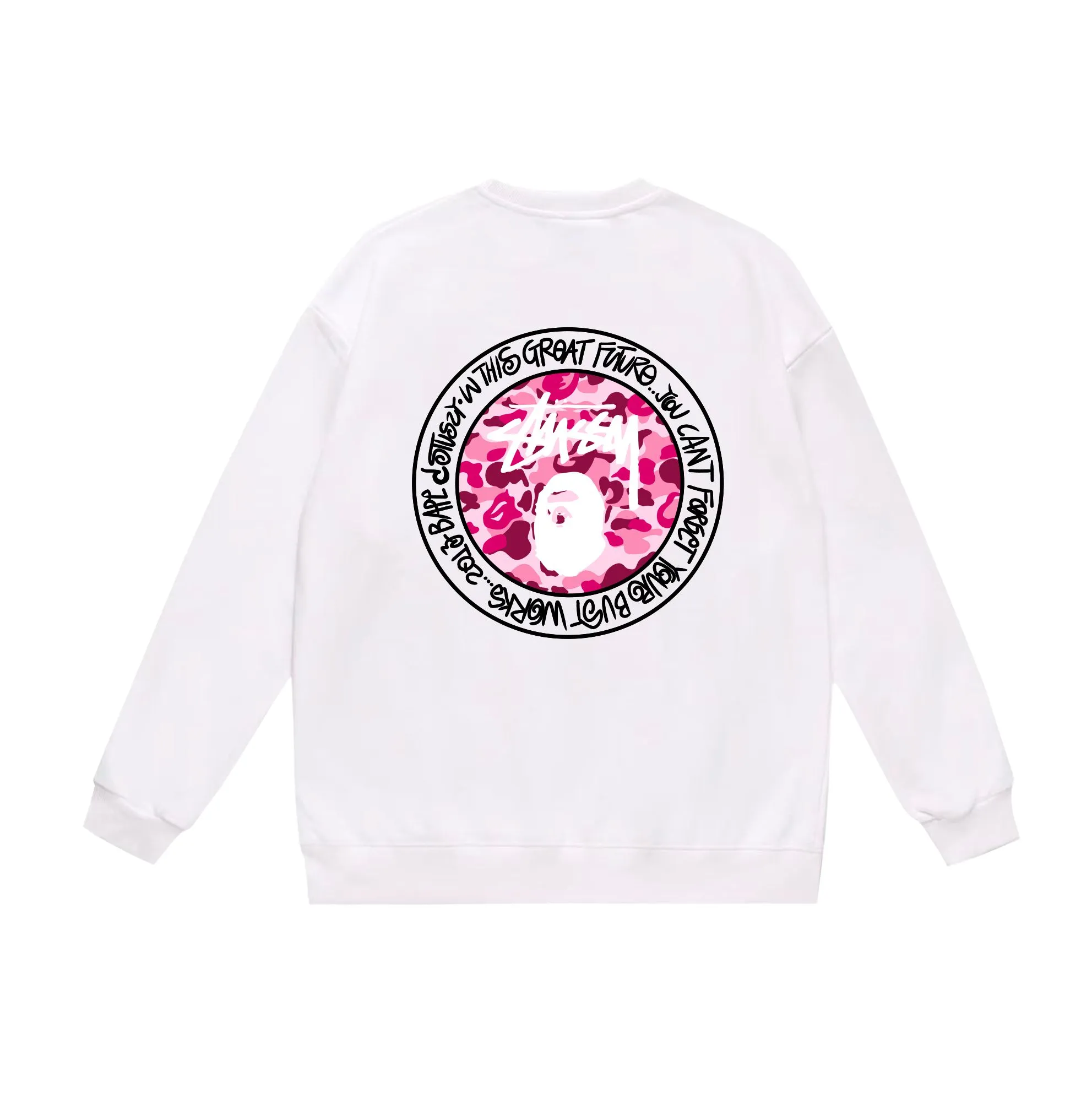 P150 model number SC516# terry 75 plus velvet 80 (top version) BAPE×STUSSY co-branded Stussy letter round neck sweatshirt Made of 350 grams of large terry (drop shoulder large version) fabric, soft texture and no pilling Imported environmentally friendly printing glue The pattern is bright and three-dimensional Quality 💥Same style for men and women The upper body is fashionable Color: black white gray Size: S M L XL XXL