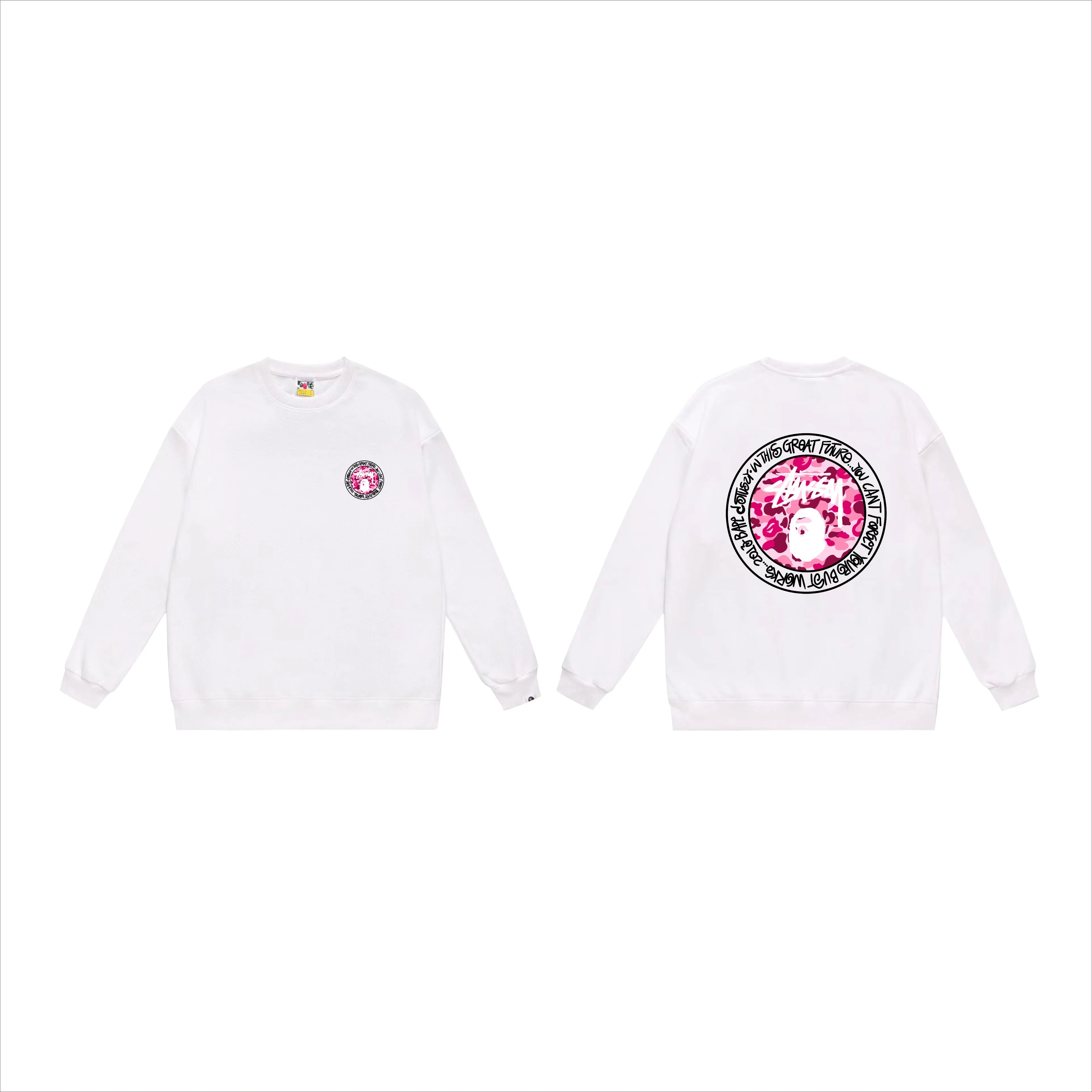 P150 model number SC516# terry 75 plus velvet 80 (top version) BAPE×STUSSY co-branded Stussy letter round neck sweatshirt Made of 350 grams of large terry (drop shoulder large version) fabric, soft texture and no pilling Imported environmentally friendly printing glue The pattern is bright and three-dimensional Quality 💥Same style for men and women The upper body is fashionable Color: black white gray Size: S M L XL XXL