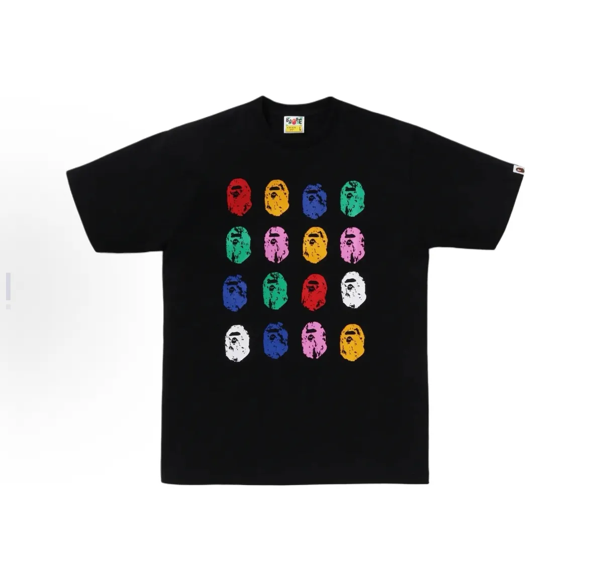 P110 001118 BAPE SS25 32nd anniversary colorful ape head pattern printed cuffs logo round neck comfortable short-sleeved T-shirt same size for men and women smlxlxxl black white