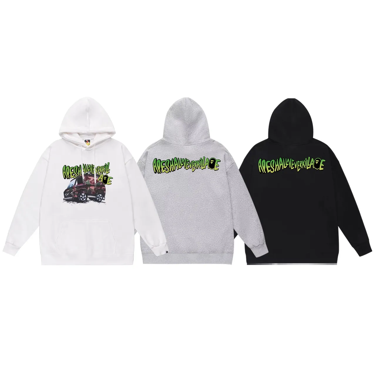 Model No. SC703# terry p160 plus velvet p180💰 (top version) BAPE camouflage car graffiti ape head letter printed hooded sweatshirt. Made of 380g large terry 430g silver fox velvet (drop shoulder large version) fabric. The texture is soft and non-pilling. Imported environmentally friendly printing glue. The pattern is bright and three-dimensional. Quality💥Same style for men and women. The upper body is trendy. Color: black white gray Size: S M L XL XXL