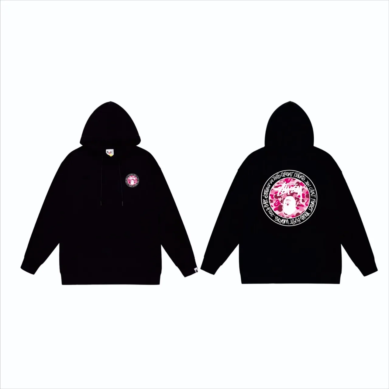 P160 model number SC816# terry 80 plus velvet 90 (top version) BAPE×STUSSY co-branded Stussy letter printed hooded sweatshirt Made of 380 grams of large terry (drop shoulder large version) fabric, soft texture and no pilling Imported environmentally friendly printing glue The pattern is bright and three-dimensional Quality 💥Same style for men and women The upper body is trendy Color: Black White Gray Size: S M L XL XXL