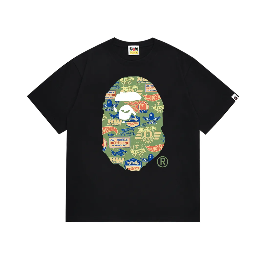 P110 SC023# (top version) BAPE×HOT WHEELS Hot Wheels joint ape head print Made of 260 grams of high-quality high-weave pure cotton fabric, double yarn combed, soft texture and no pilling Imported environmentally friendly printing glue, bright and three-dimensional pattern, quality 💥Same style for men and women, the upper body is fashionable Color: black and white Size: S M L XL XXL
