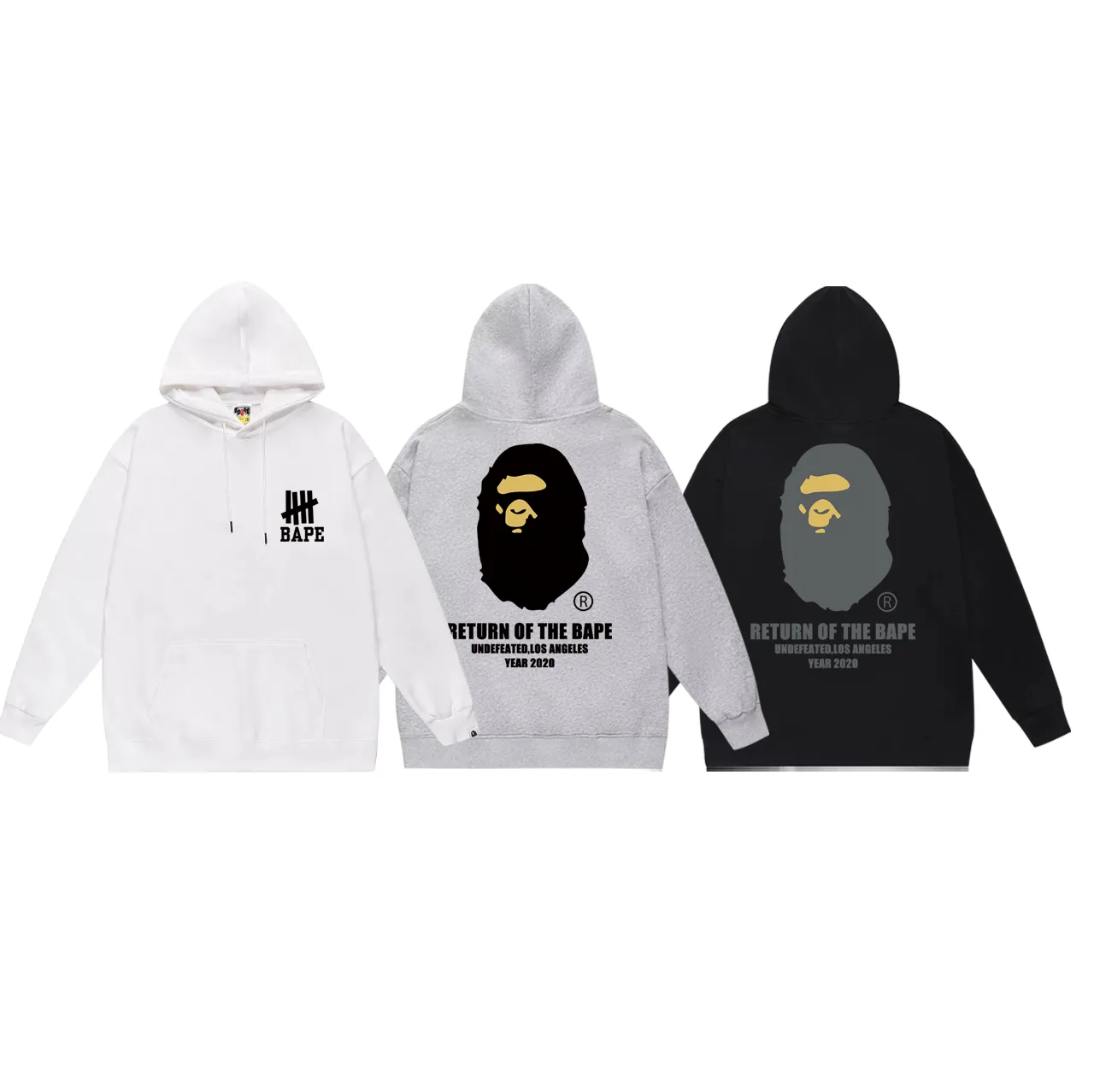 P160 model number SC770# terry 80 plus velvet 90 (top version) BAPE co-branded five-bar ape-letter printed hooded sweatshirt. Made of 380 grams of large terry (drop shoulder large version) fabric. The texture is soft and non-pilling. Imported environmentally friendly printing glue. The pattern is bright and three-dimensional. Quality 💥Same style for men and women. The upper body is trendy. Color: black white gray Size: S M L XL XXL