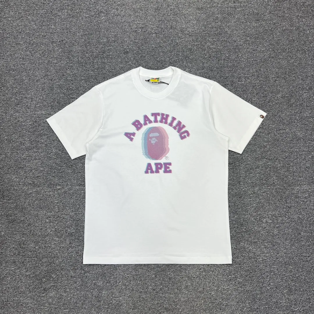 💰140 BAPE GLITCH ART COLLEGE TEE Faulty Symphony Art laminated ape head print 280g weight linen cotton fabric ZP version Couple style: S—XXL [Black White]