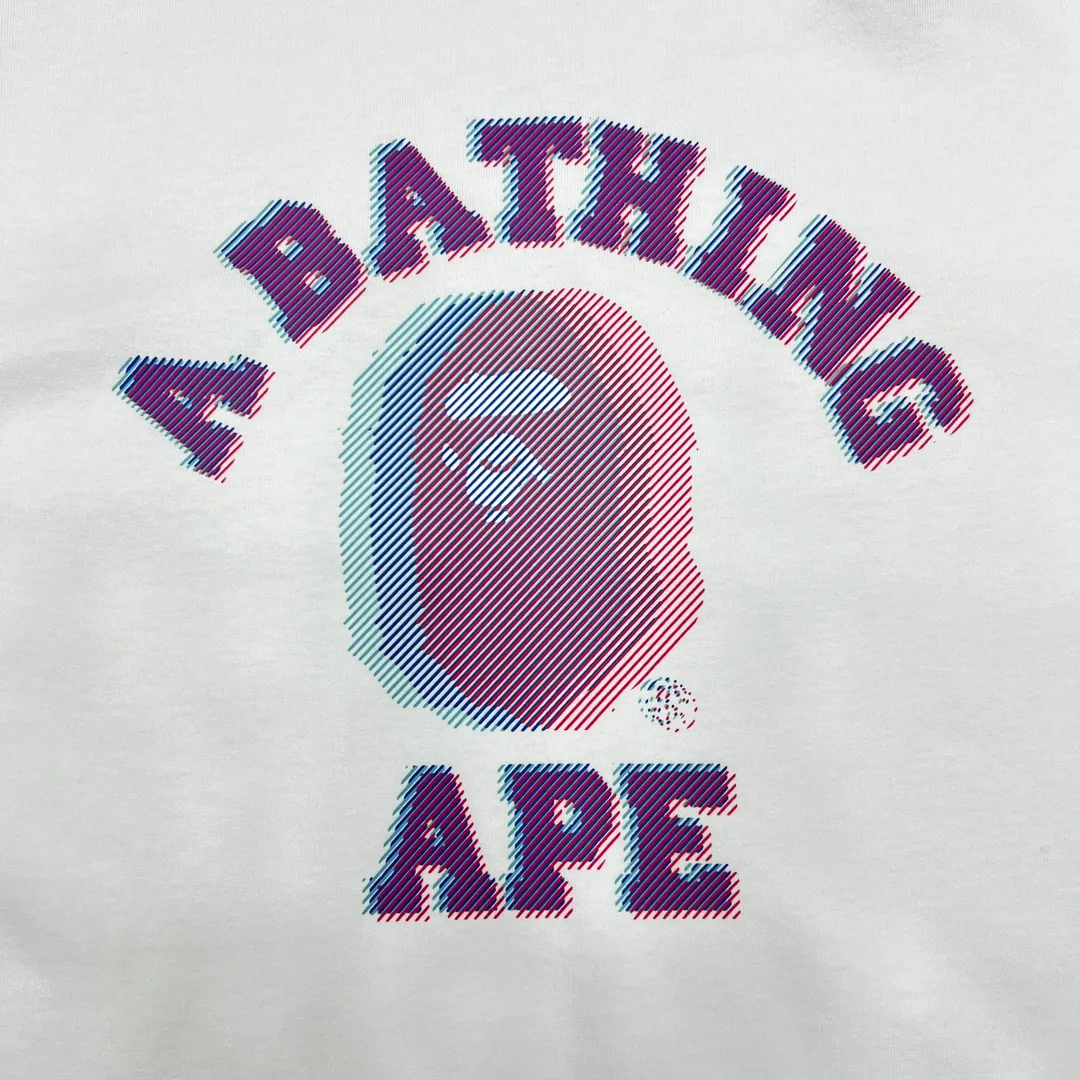 💰140 BAPE GLITCH ART COLLEGE TEE Faulty Symphony Art laminated ape head print 280g weight linen cotton fabric ZP version Couple style: S—XXL [Black White]