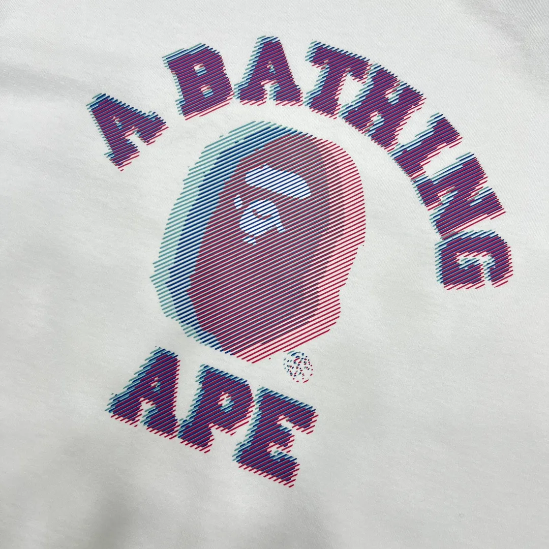 💰140 BAPE GLITCH ART COLLEGE TEE Faulty Symphony Art laminated ape head print 280g weight linen cotton fabric ZP version Couple style: S—XXL [Black White]