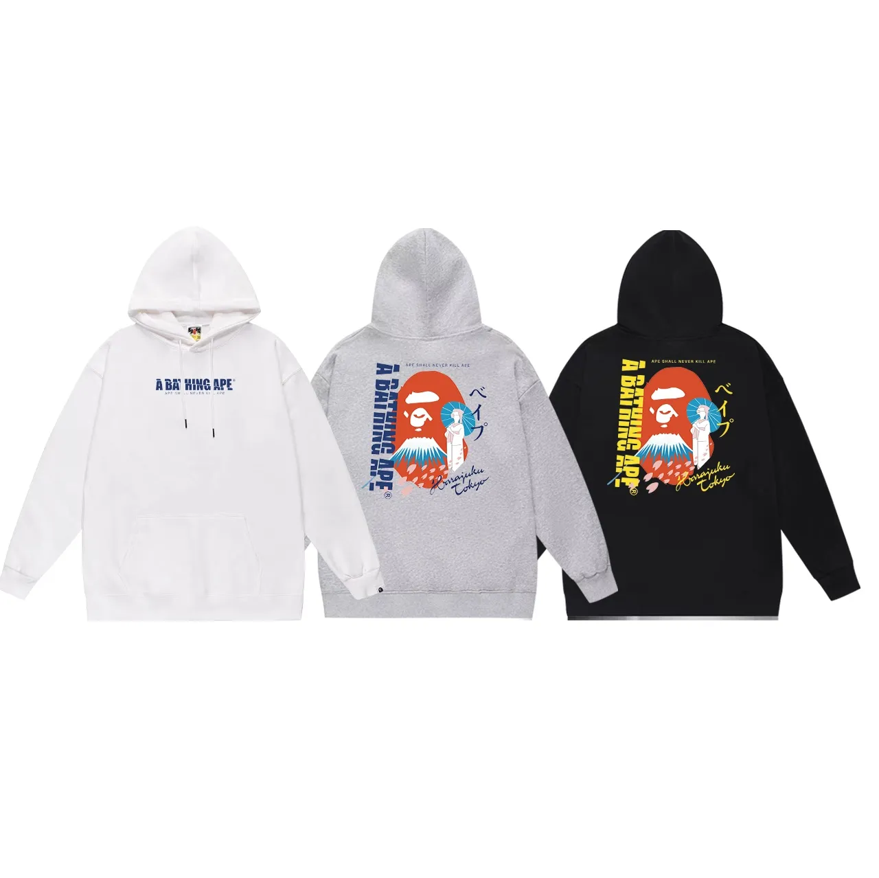 Model No. SC634#terry p160 plus velvet p180💰 (top version) BAPE Fuji Mountain Monkey Kimono women's double-sided printed hooded sweatshirt. Made of 380g large terry 430g silver fox velvet (drop shoulder large version) fabric. The texture is soft and non-pilling. Imported environmentally friendly printing glue. The pattern is bright and three-dimensional. Quality💥Same style for men and women. The upper body is trendy. Color: black white gray Size: S M L XL XXL