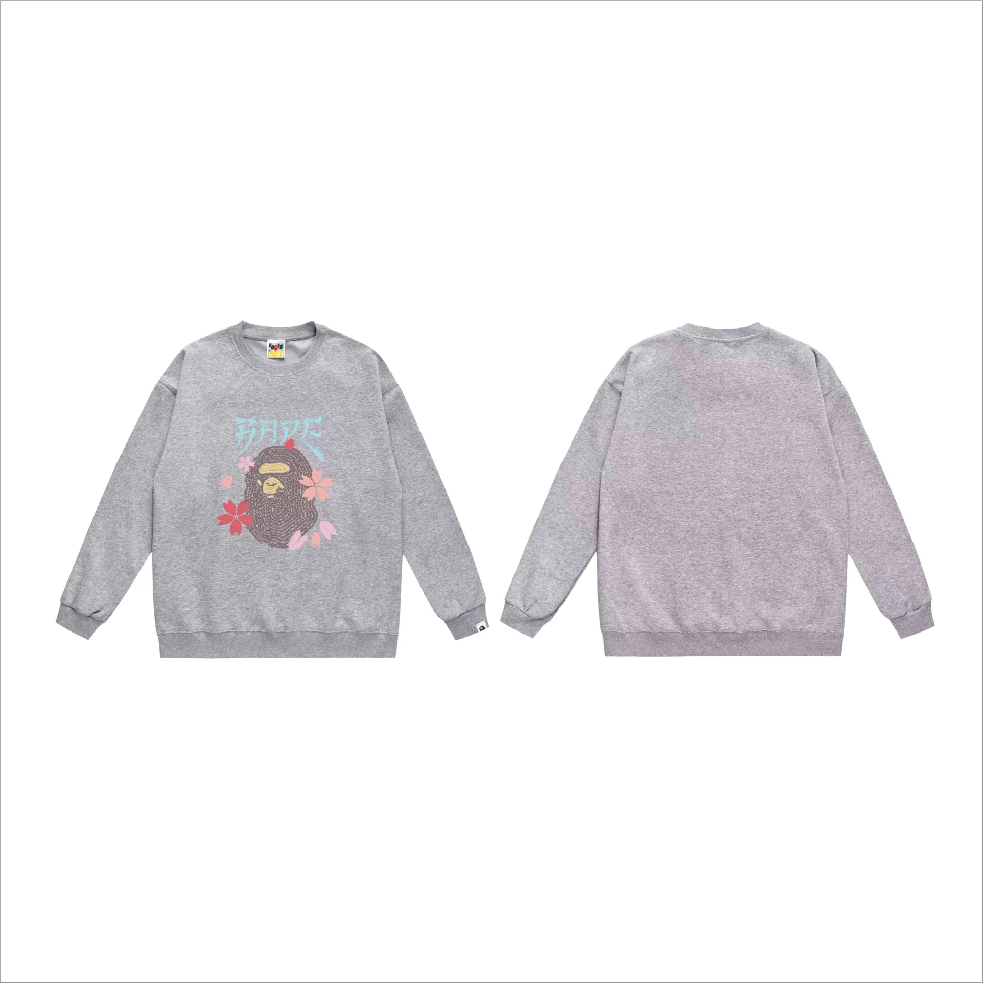 P150 model number SC536# terry 75 plus velvet 80 (top version) BAPE ape head cherry blossom cartoon print round neck sweatshirt Made of 350g large terry (drop shoulder large version) fabric, soft texture and no pilling Imported environmentally friendly printing glue The pattern is bright and three-dimensional Quality 💥Same style for men and women The upper body is trendy Color: black white gray Size: S M L XL XXL