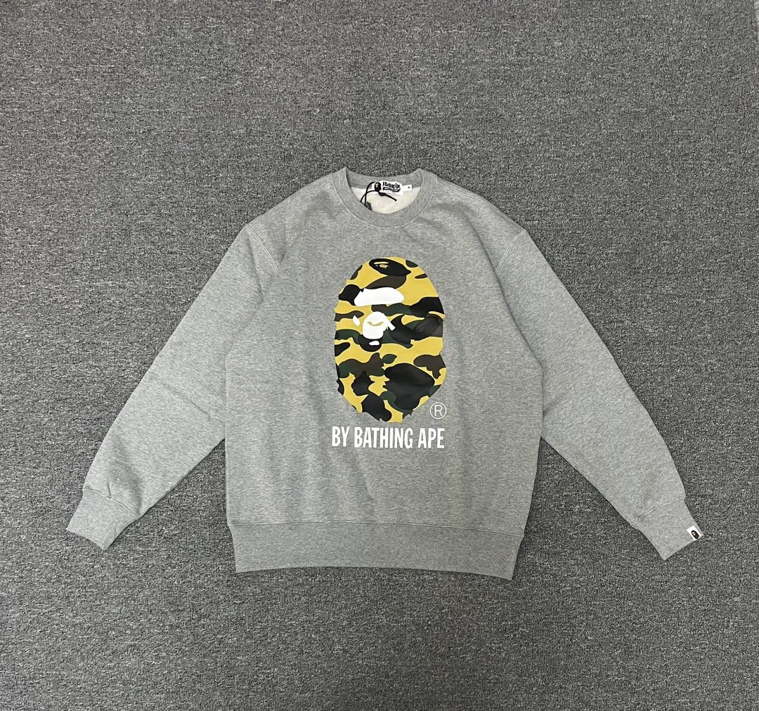 💰250 BAPE camouflage ape head letter print round neck sweatshirt Customized fabric high quality 420g pure cotton weight Couple model: S-XXL [black gray]
